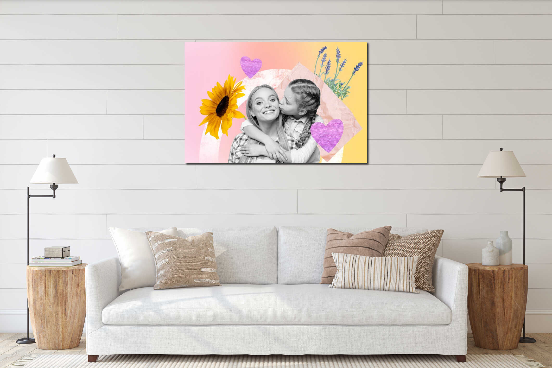 Sketch artwork 3D collage of black white silhouette small preteen girl hug young smiled mom kiss in cheek sunflower interior mockup