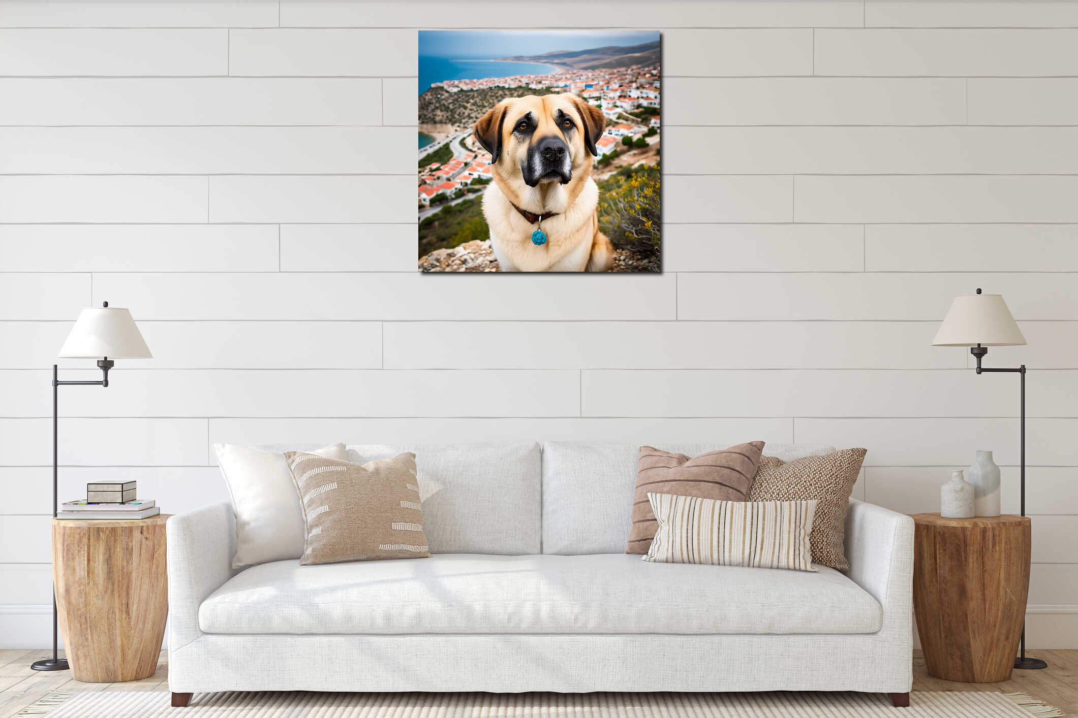 Cool Anatolian Shepherd Dog strolling through a bustling Turkish bazaar with colorful stalls and lively crowds interior mockup