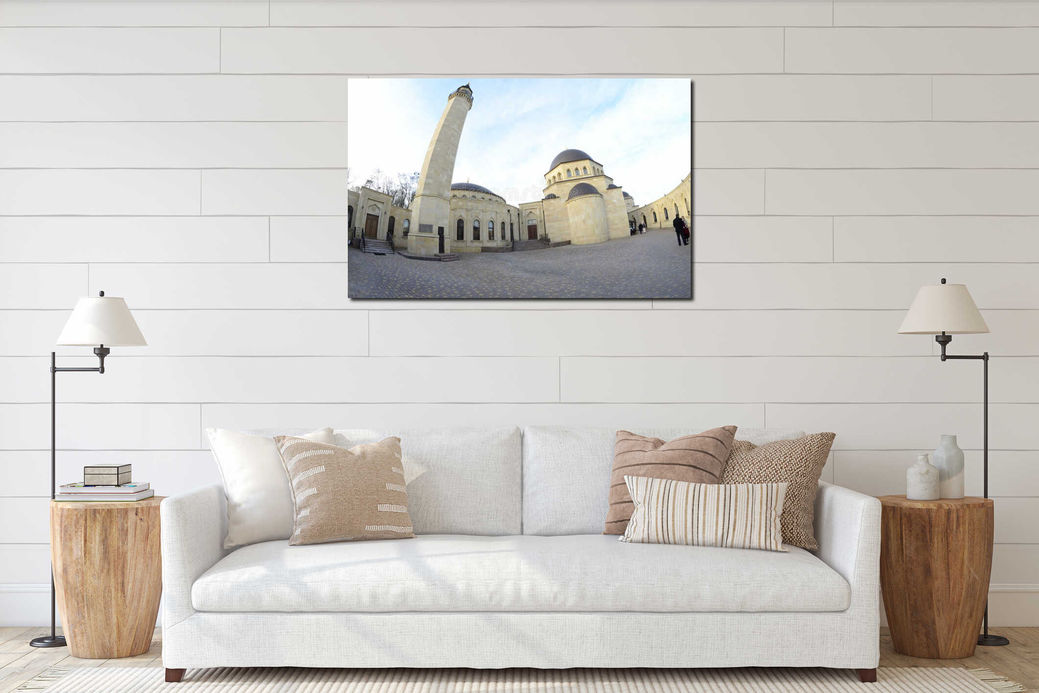 Ar Rahma Mosque or Mercy Mosque, building yard minaret, and domes, people standing in a yard. Kyiv, Ukraine interior mockup