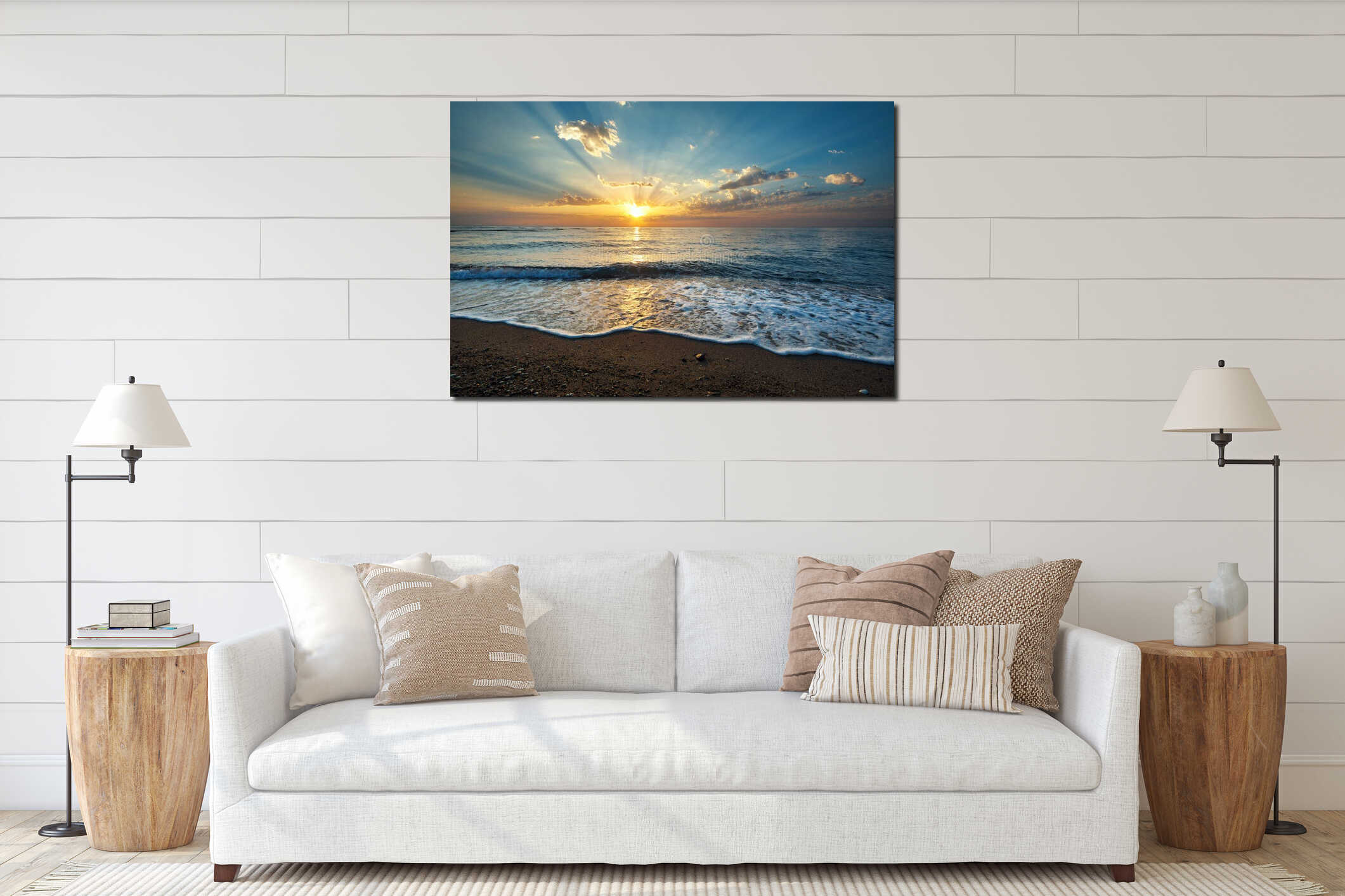 Seascape background with on sunrise interior mockup