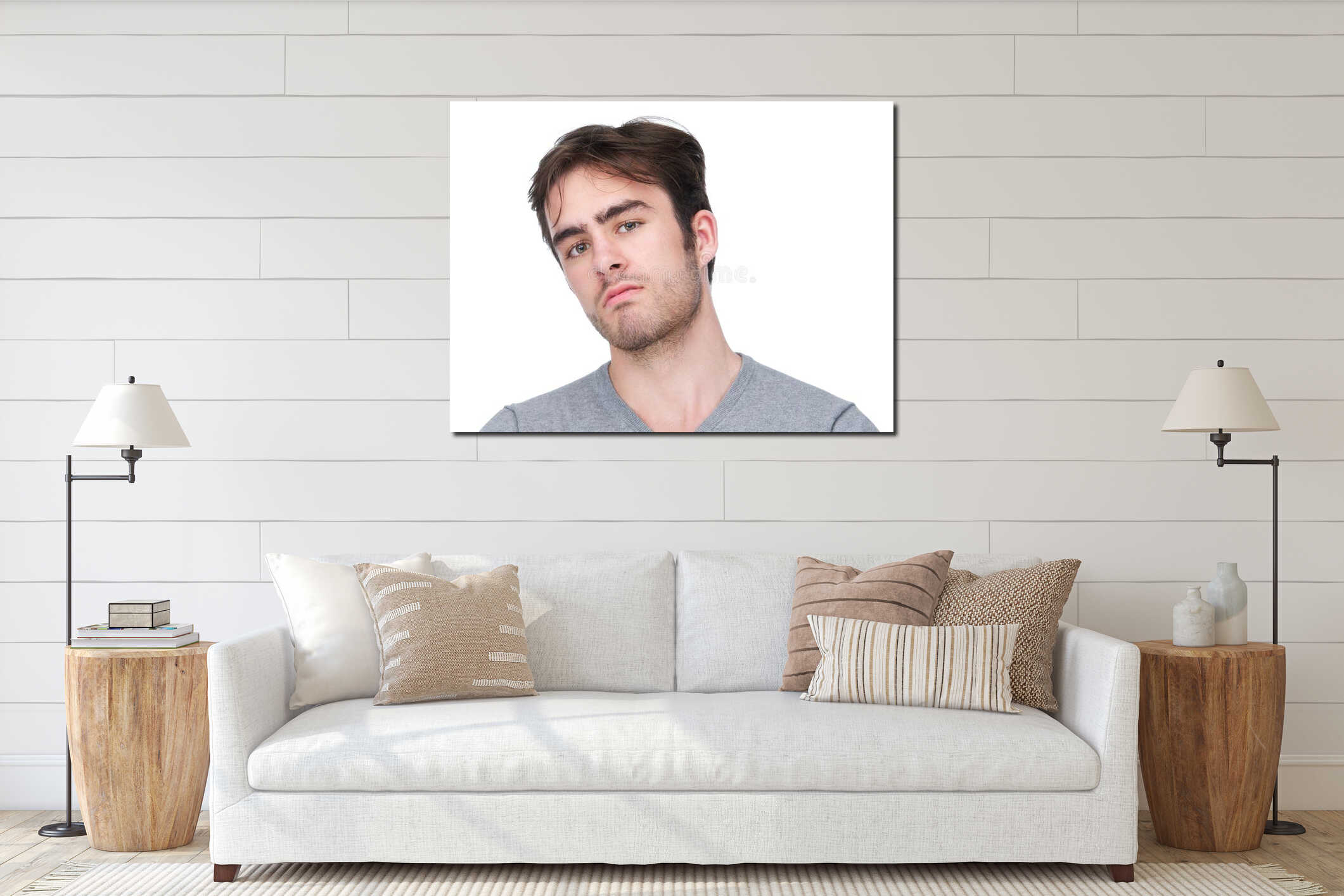 Close up portrait of a handsome young man interior mockup
