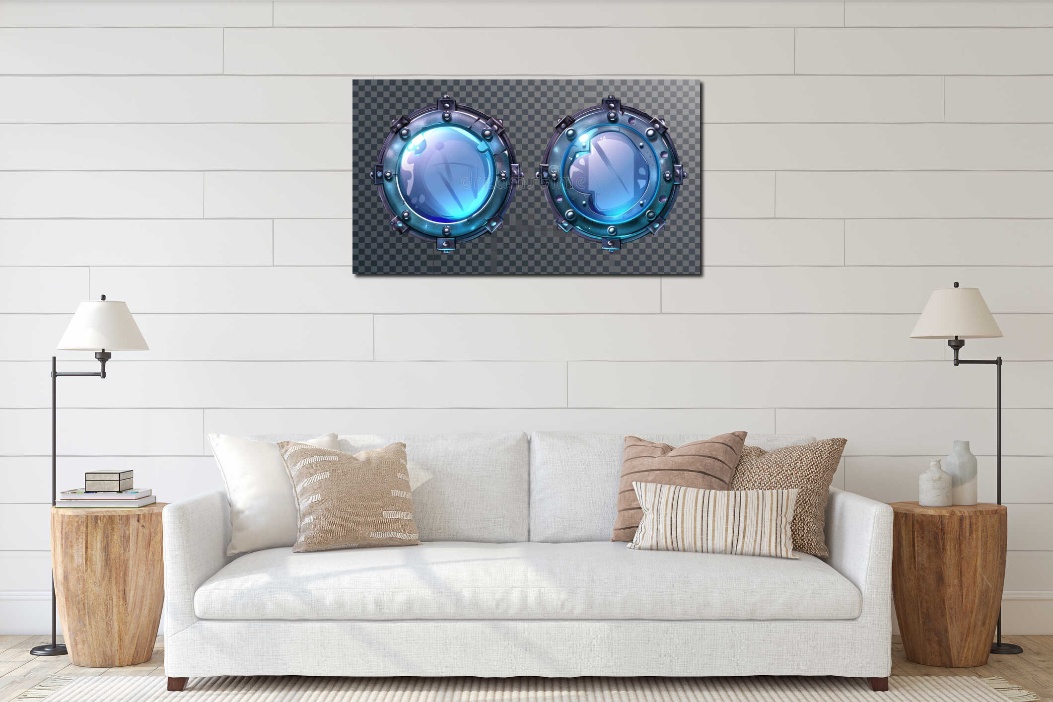 Set of modern realistic round glass windows with metal frames and rivets, isolated on transparent background, for a interior mockup