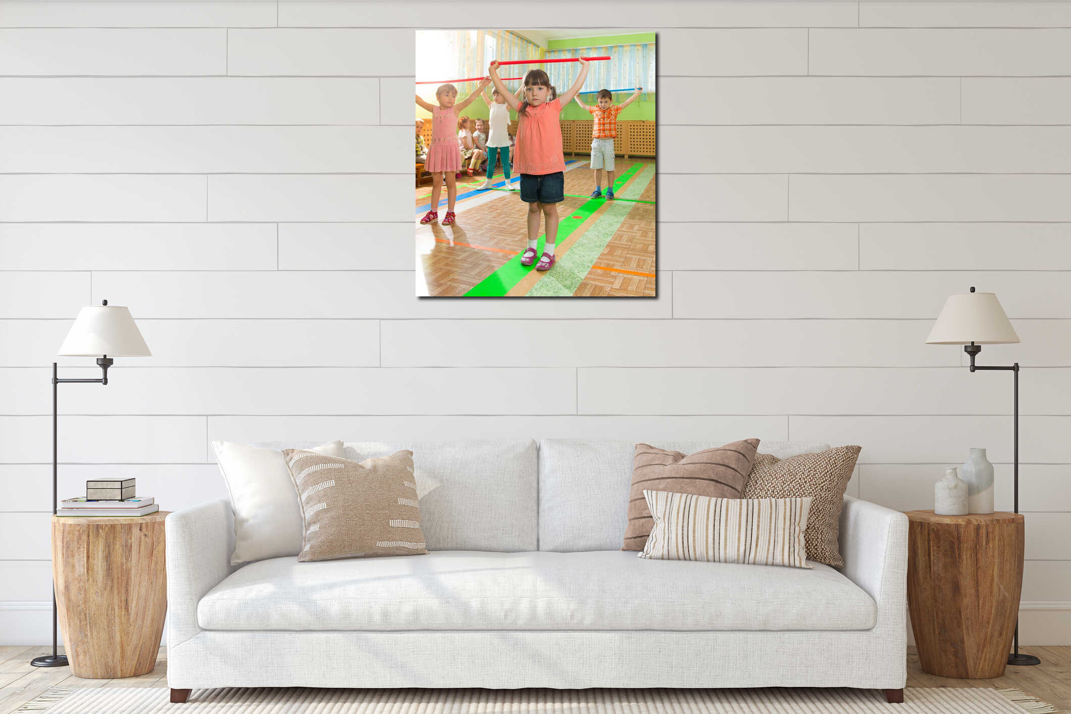 Cute little children at daycare gym interior mockup