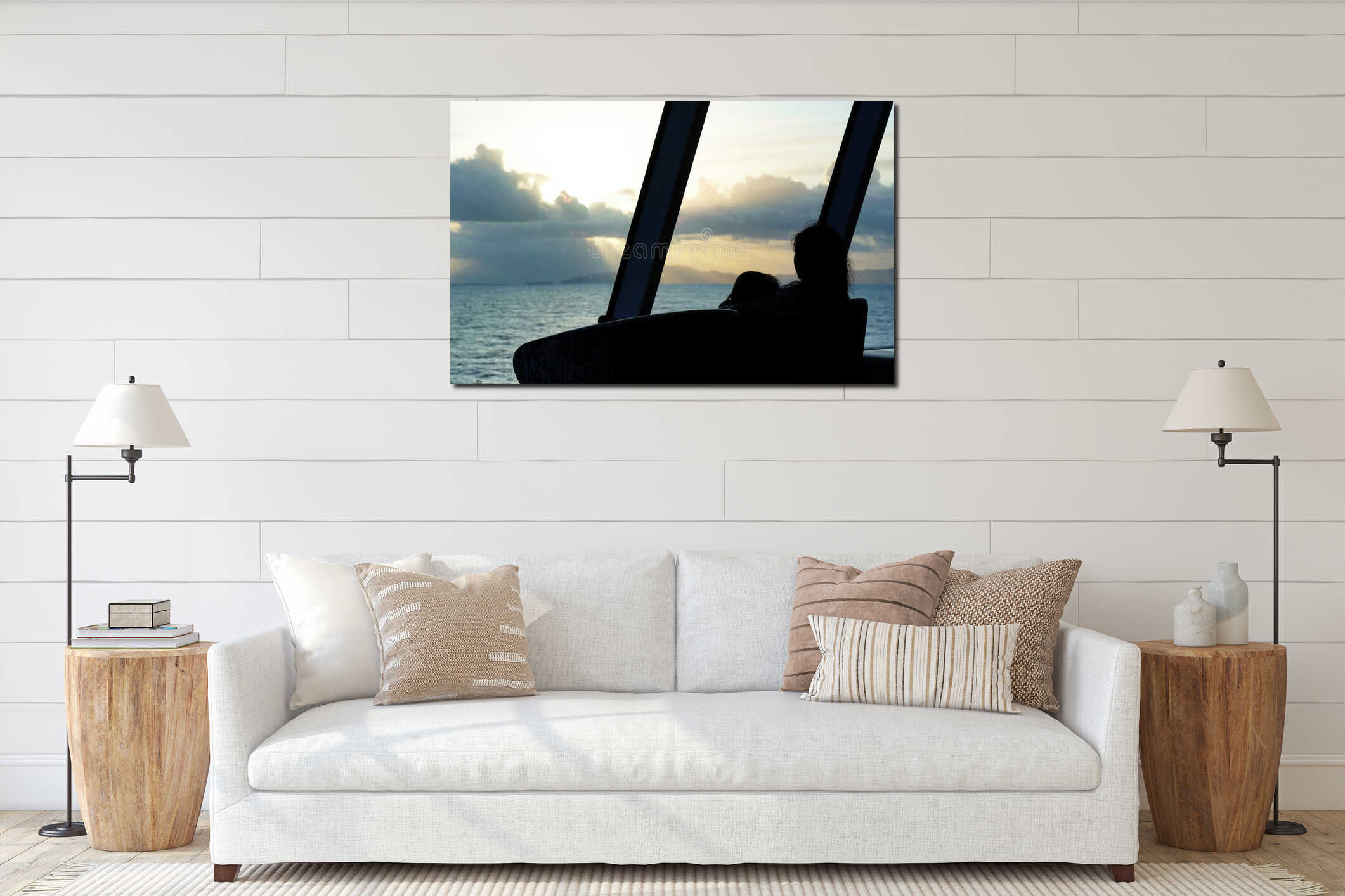 Silhouette of adult and child against windows and sunrise through clouds interior mockup
