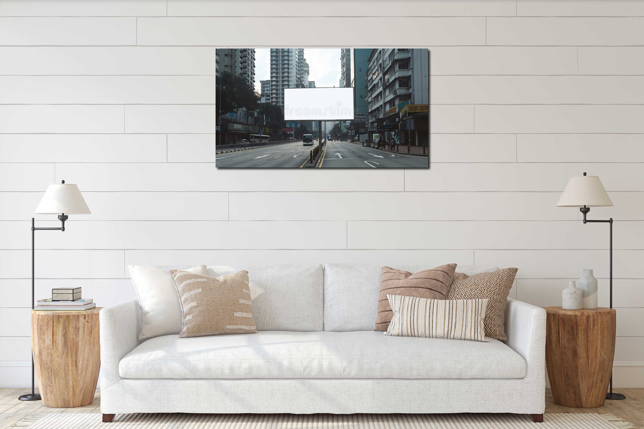 Generative AI large blank advertise billboard white LED screen vertical on big concrete pole walk way outdoor in c interior mockup