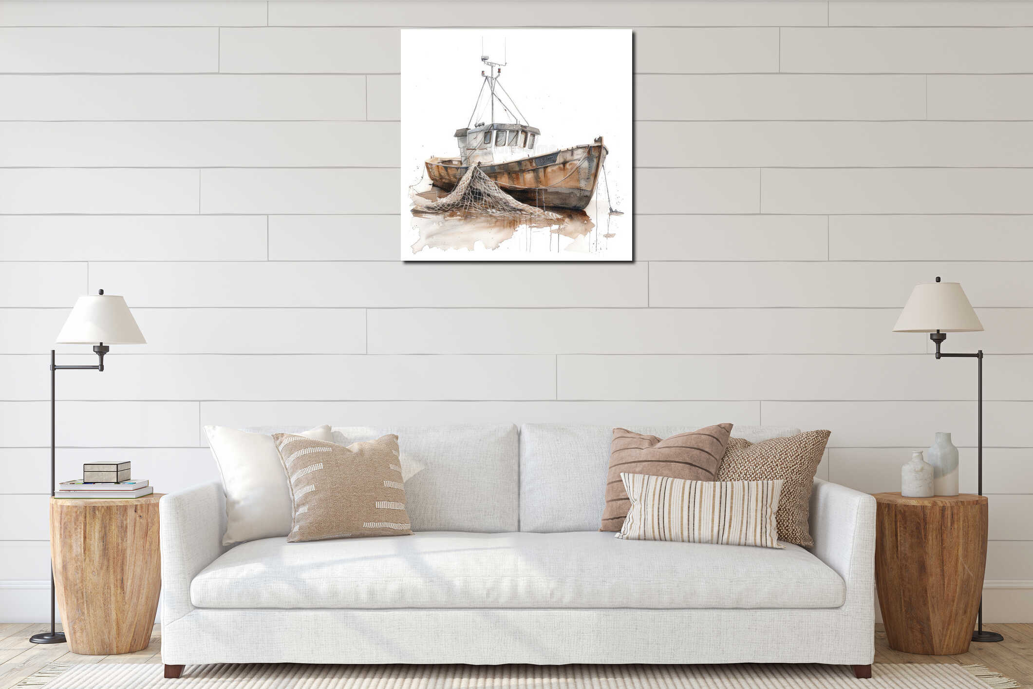Boat of fisherman with net in sea. Watercolor illustration on white background. Picture for design. interior mockup