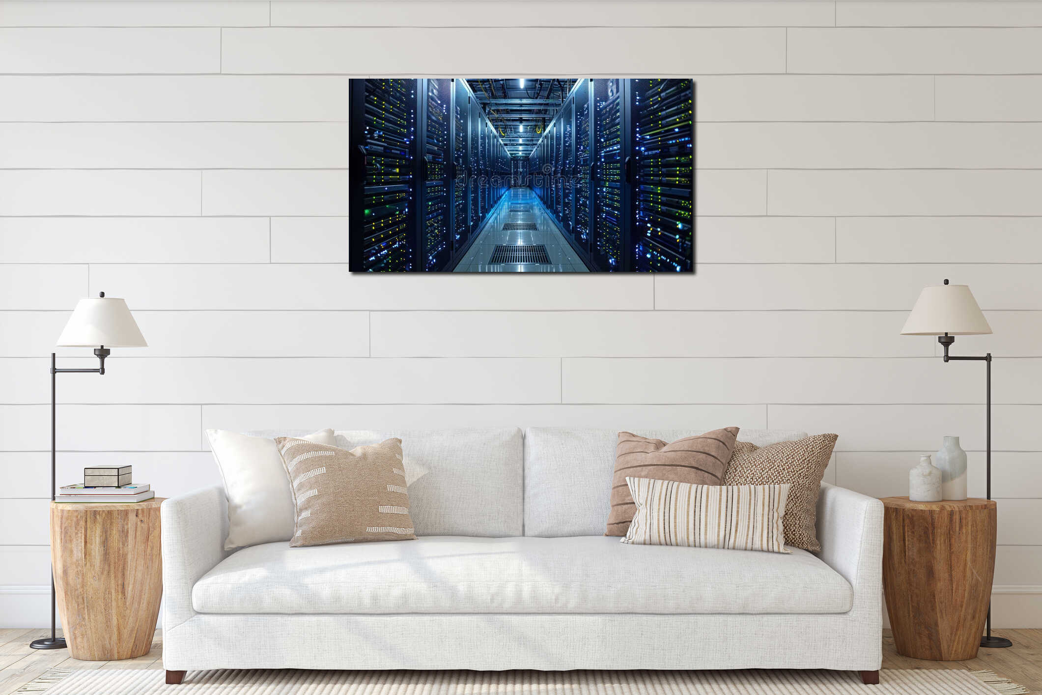 Modern Data Center with Rows of High-Tech Servers. interior mockup