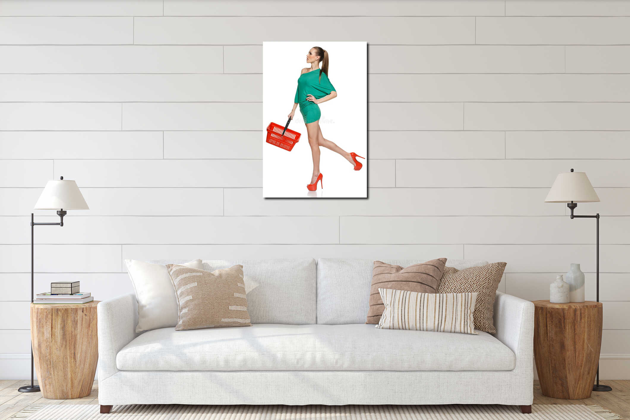 Fashion woman in full length with empty shopping basket interior mockup