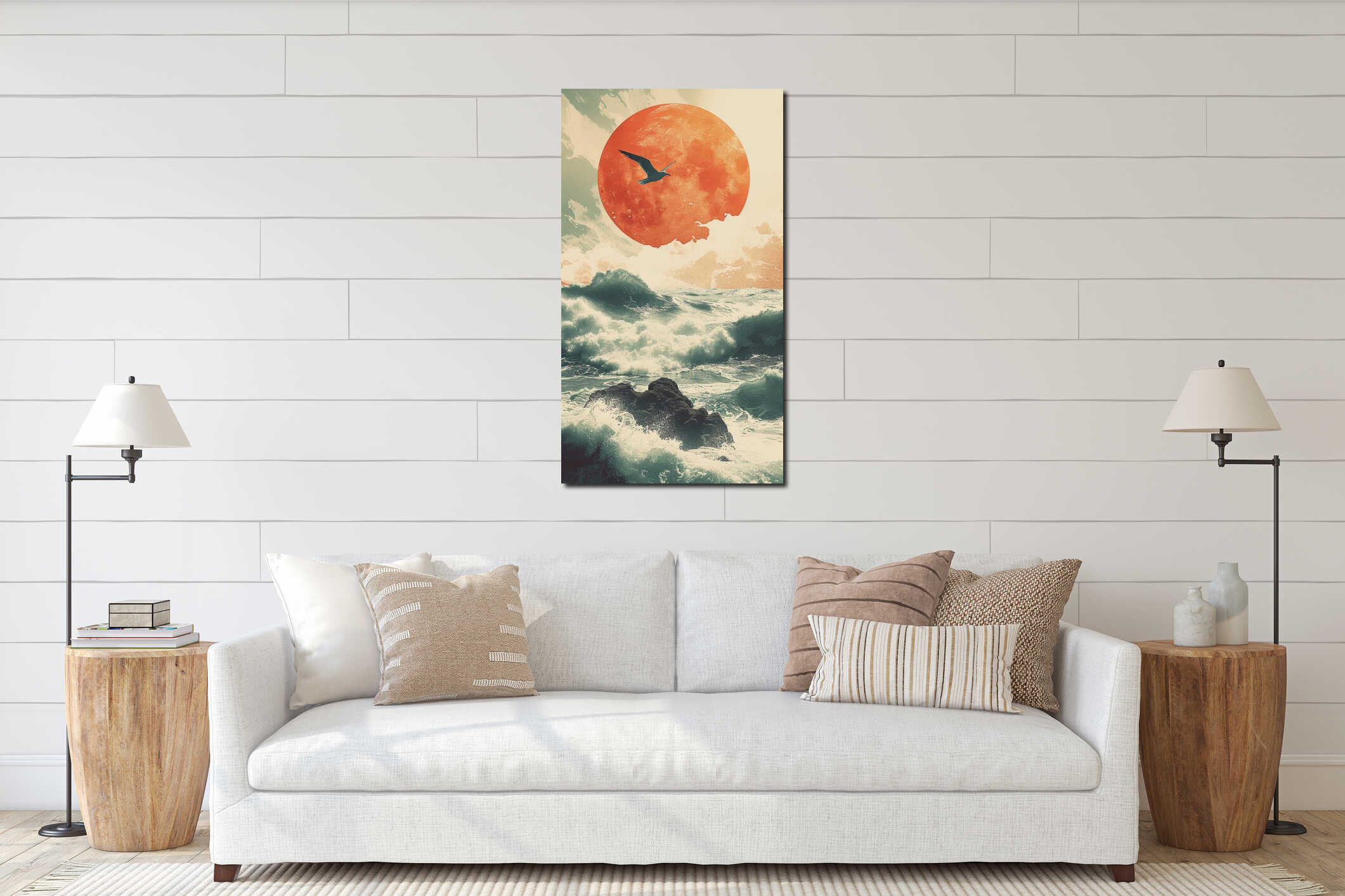 Seagull flying in front of a large red moon over turbulent sea waves interior mockup