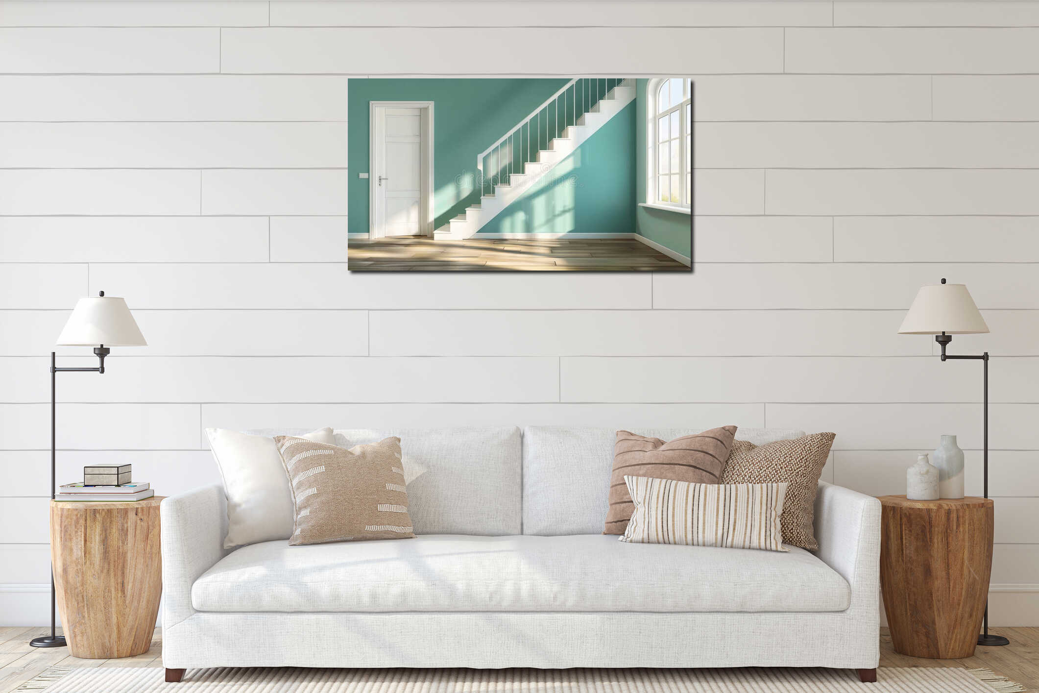 This is a modern realistic interior of an empty hallway, office, or studio with a wooden floor, green walls, and blank interior mockup