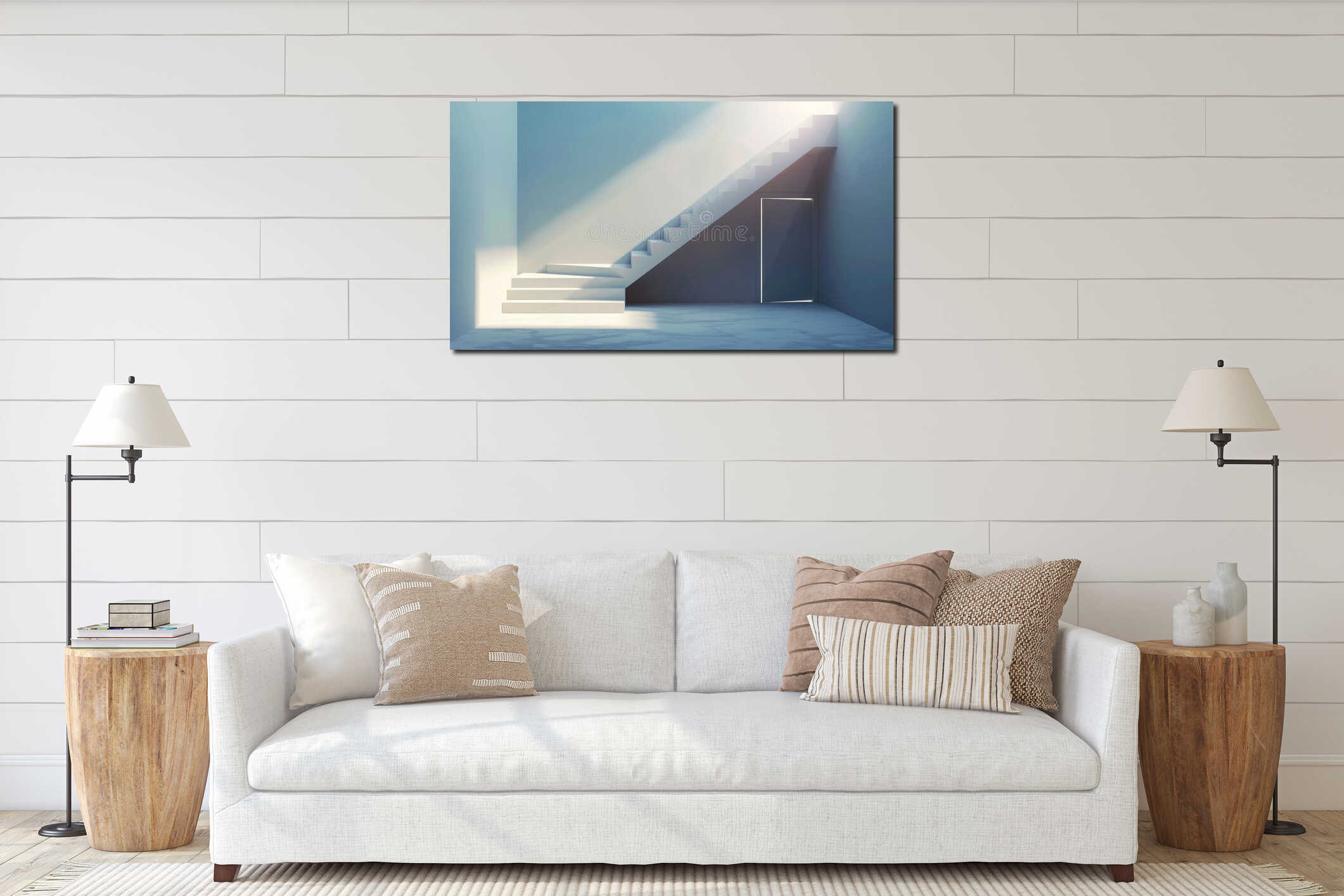 Staircase with white steps and doorway in modern realistic interior. Concept of career growth, future success, and interior mockup