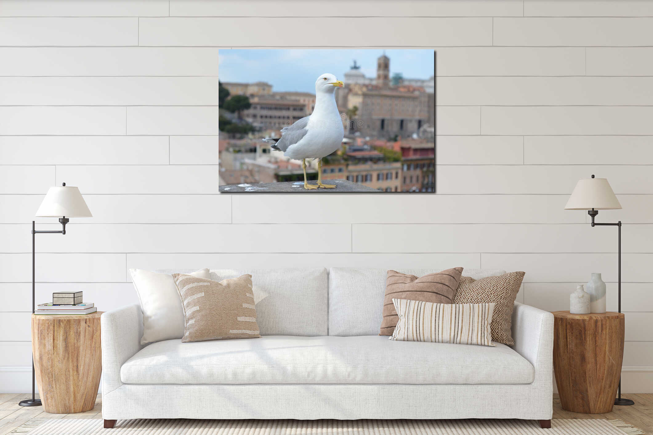 A seagull in Rome is sitting on a rooftop interior mockup