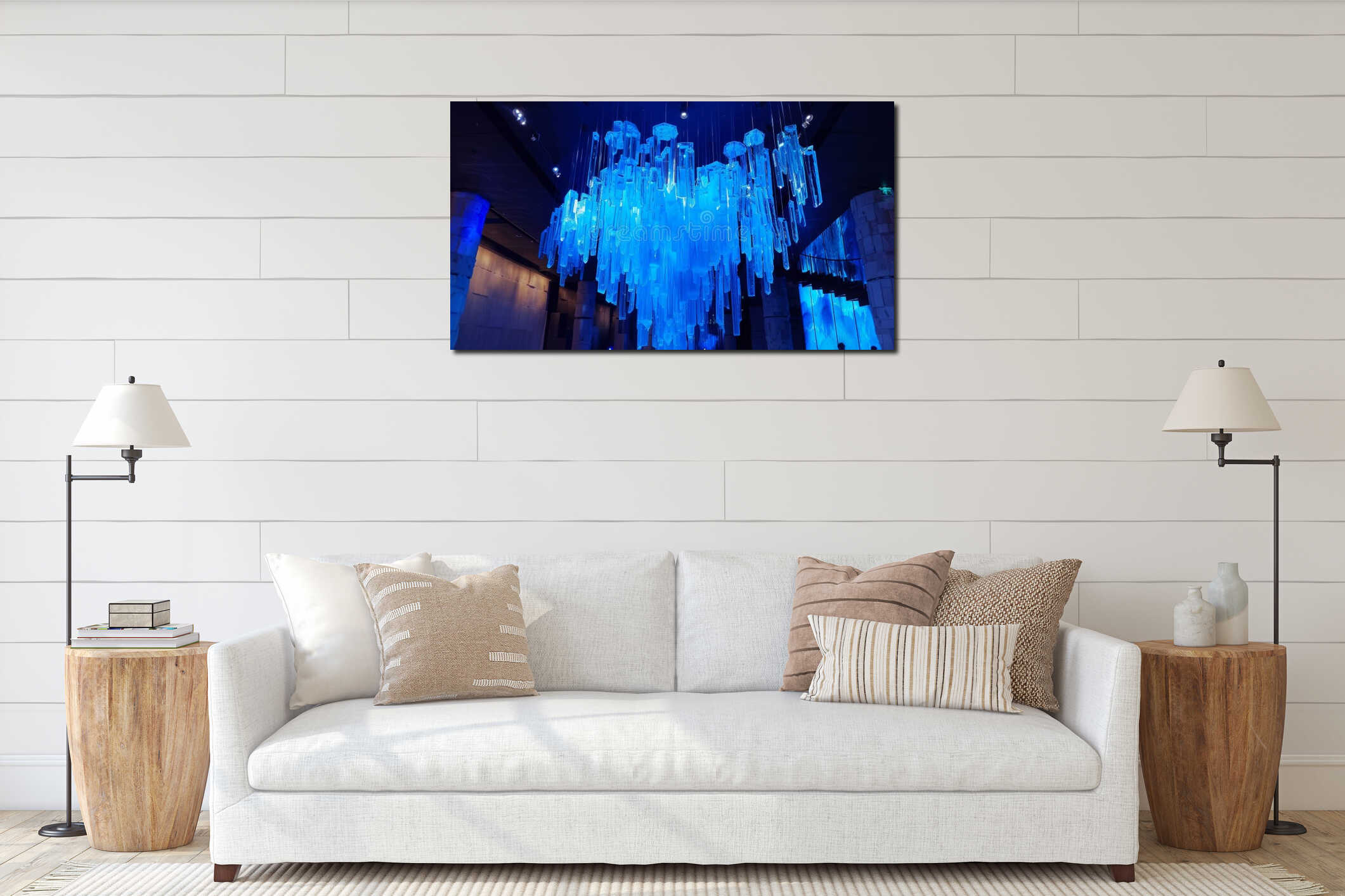 A grand ice chandelier hanging from the ceiling casting a magical blue light across the room. 2d flat cartoon interior mockup