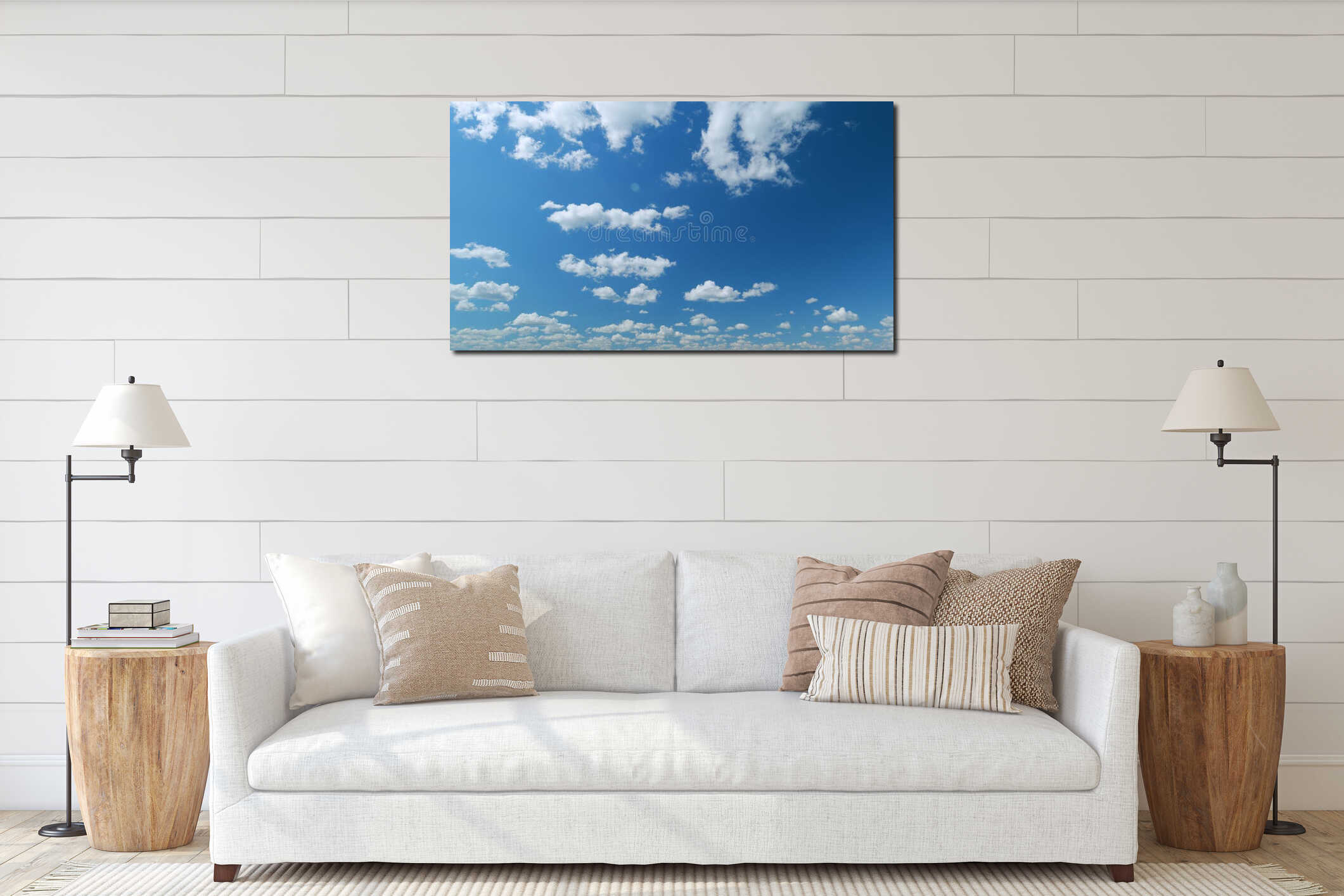 Cloud sky scape. Clouds flying and changing with different shapes on clear blue sky. Time lapse. interior mockup