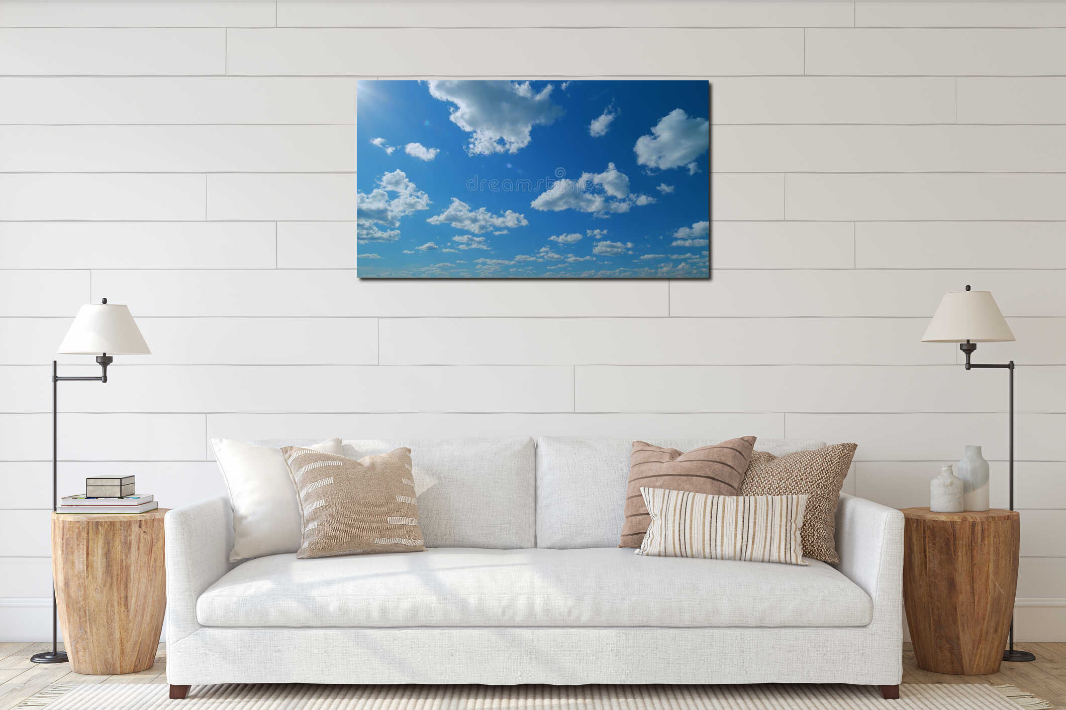 Cloud sky scape. Clouds flying and changing with different shapes on clear blue sky. Time lapse. interior mockup