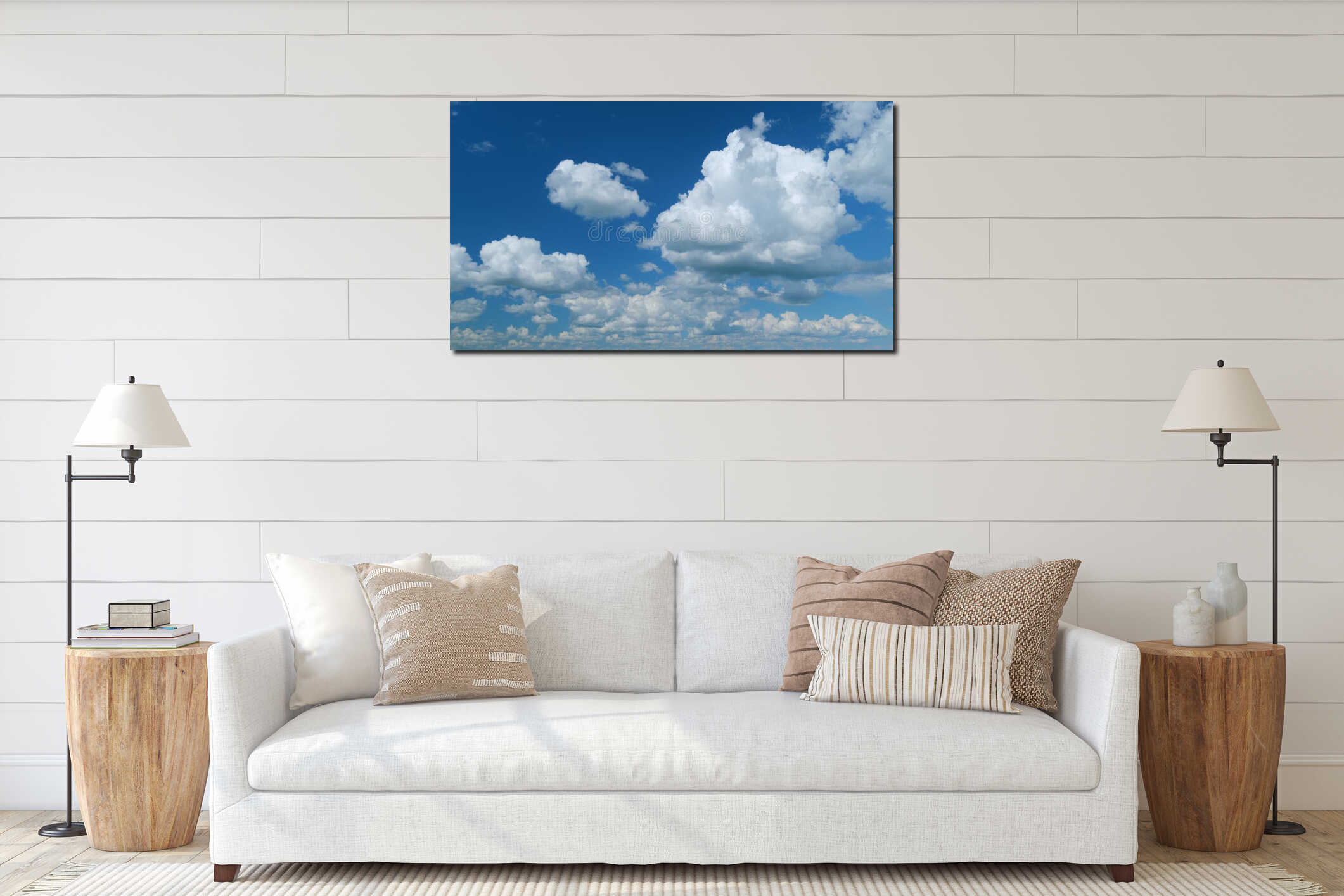 Cloud sky scape. Clouds flying and changing with different shapes on clear blue sky. Time lapse. interior mockup