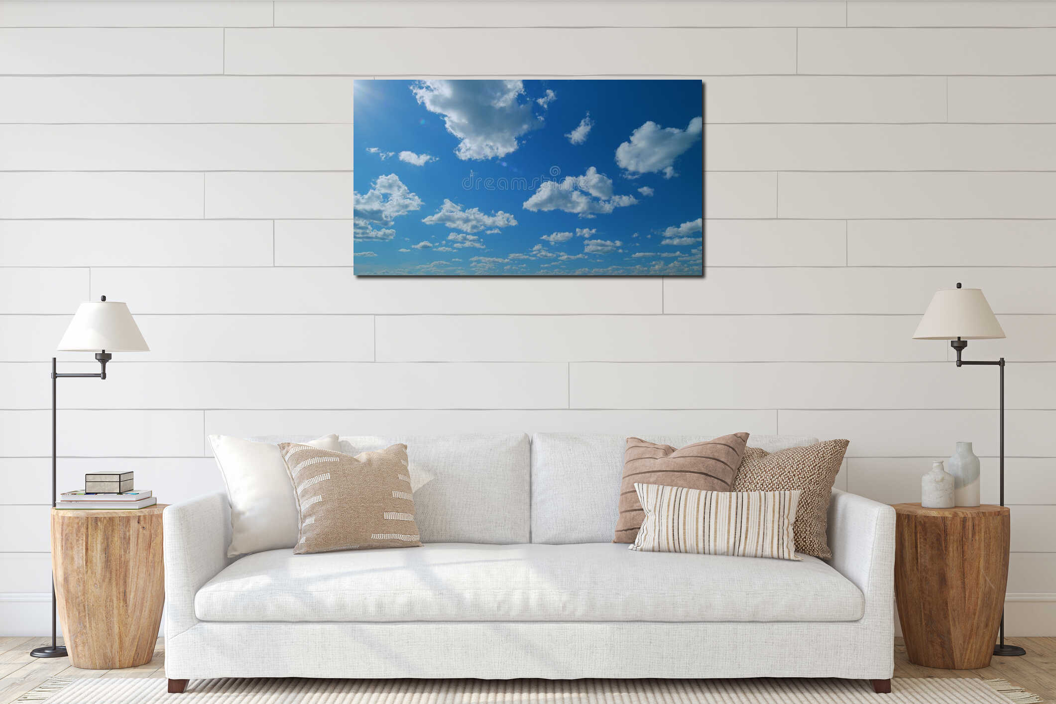 Cloud sky scape. Clouds flying and changing with different shapes on clear blue sky. Time lapse. interior mockup