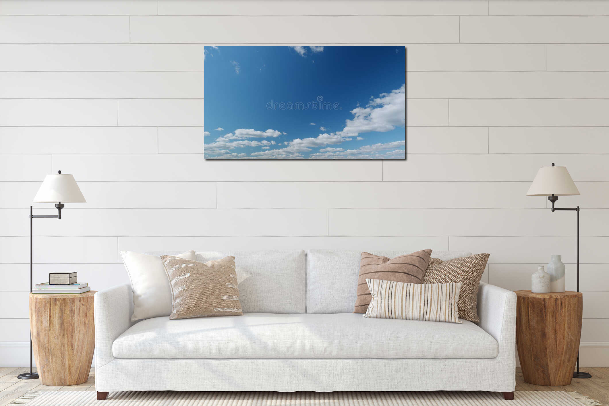 Cloud sky scape. Clouds flying and changing with different shapes on clear blue sky. Timelapse. interior mockup