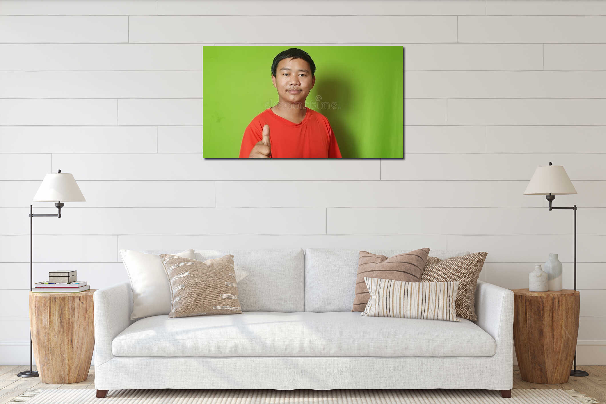 A Man thumbs up wearing red t-shirt in front of green screen interior mockup
