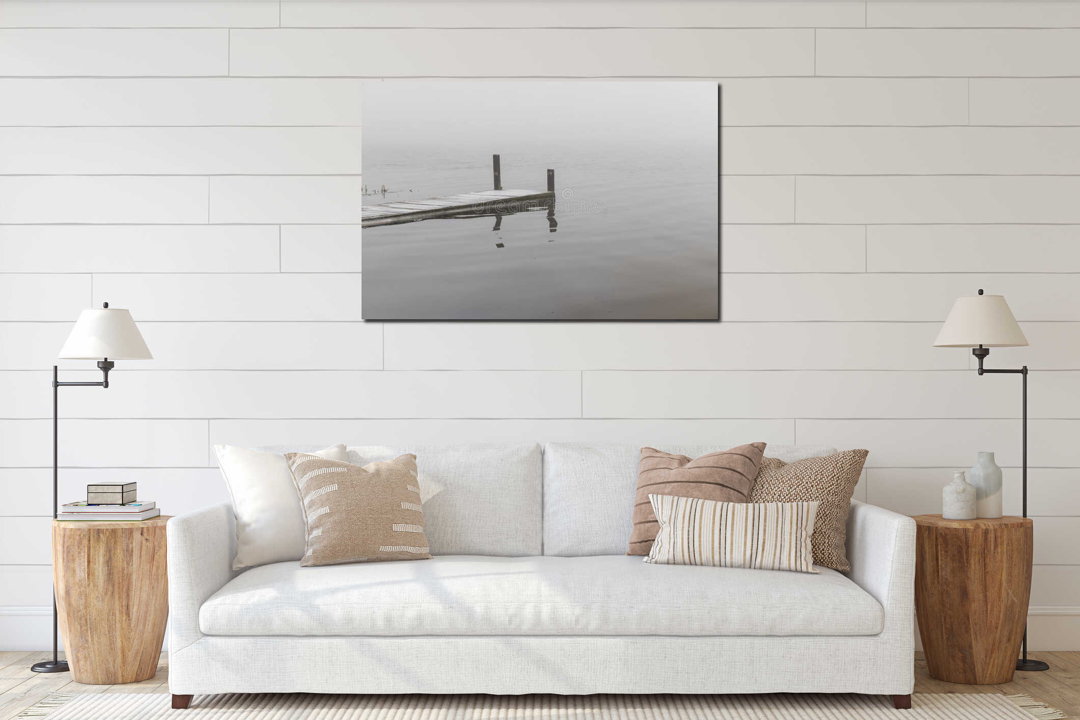 wooden pier on the river in winter in foggy weather in the morning interior mockup