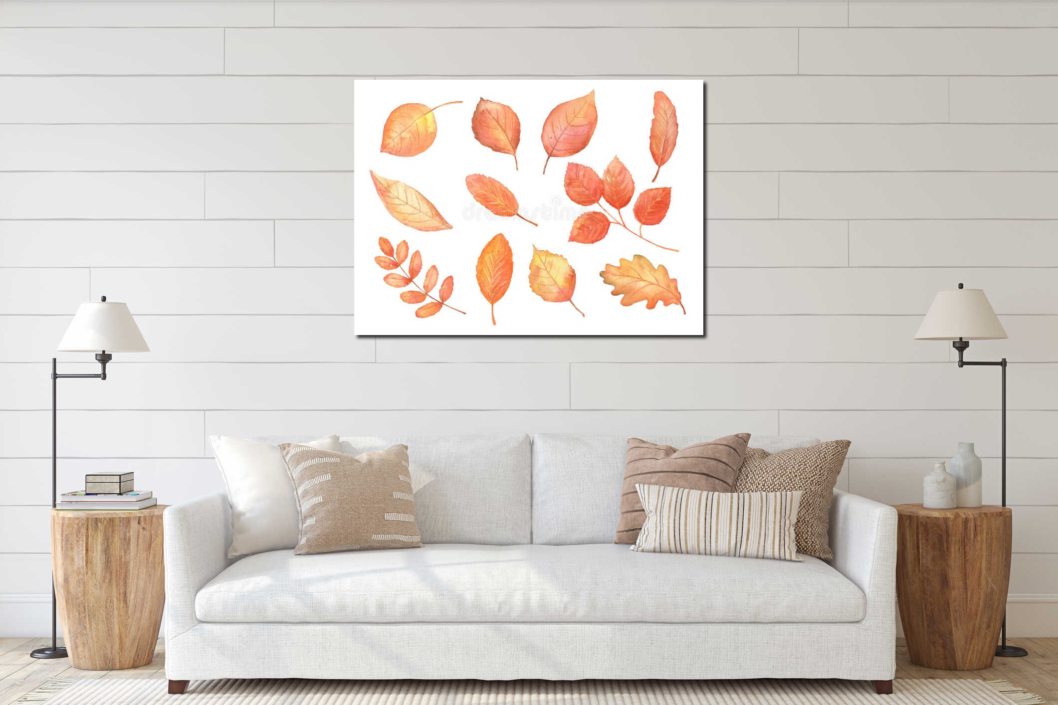 Autumn red leaves set. Hand drawn watercolor fall illustrations. interior mockup
