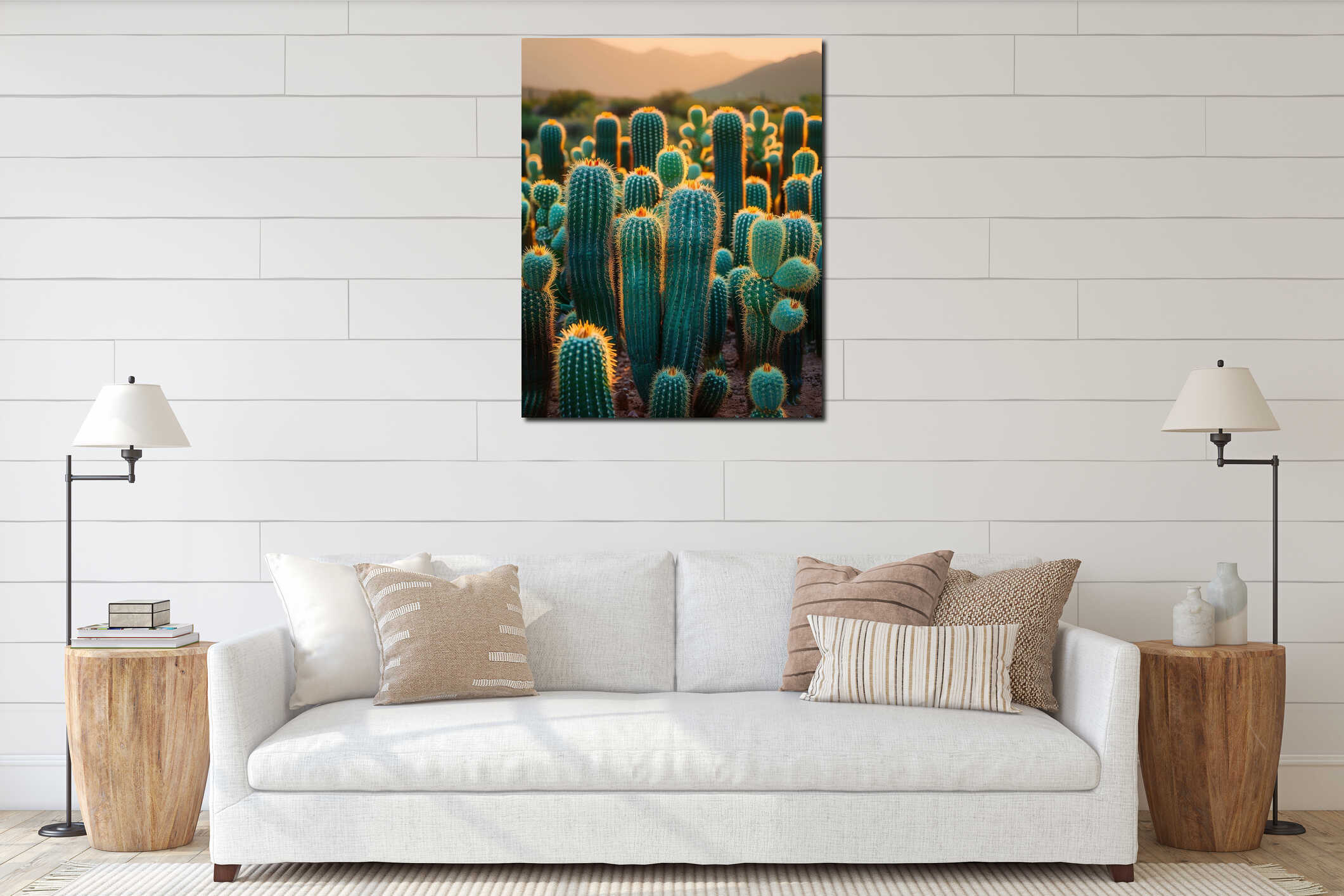Golden sunlight illuminates a group of tall green cacti with vibrant yellow tips in a desert landscape at sunset interior mockup