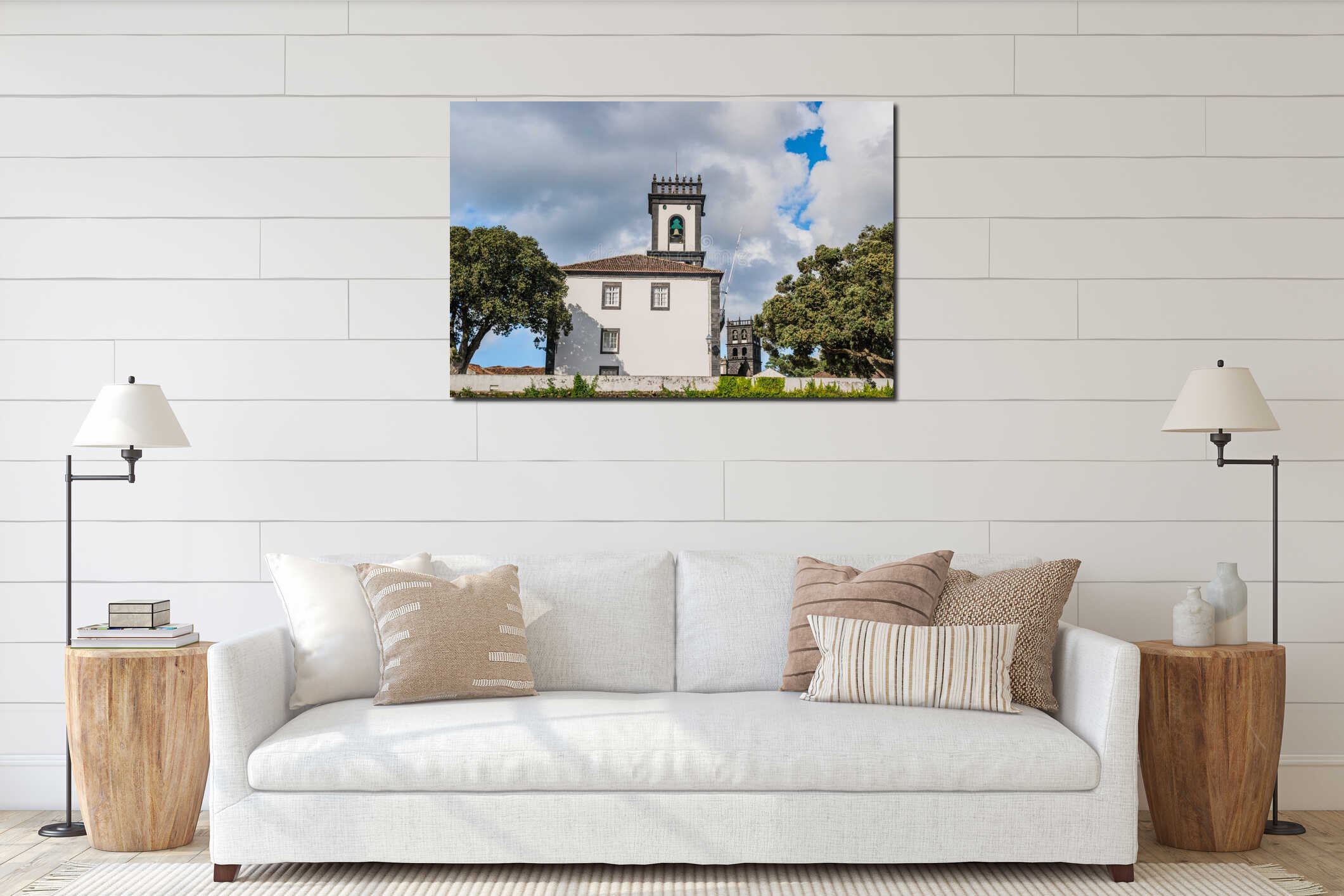 Building of city hall of Ribeira Grande will bell tower and church in background, SÃ£o Miguel - Azores PORTUGAL interior mockup