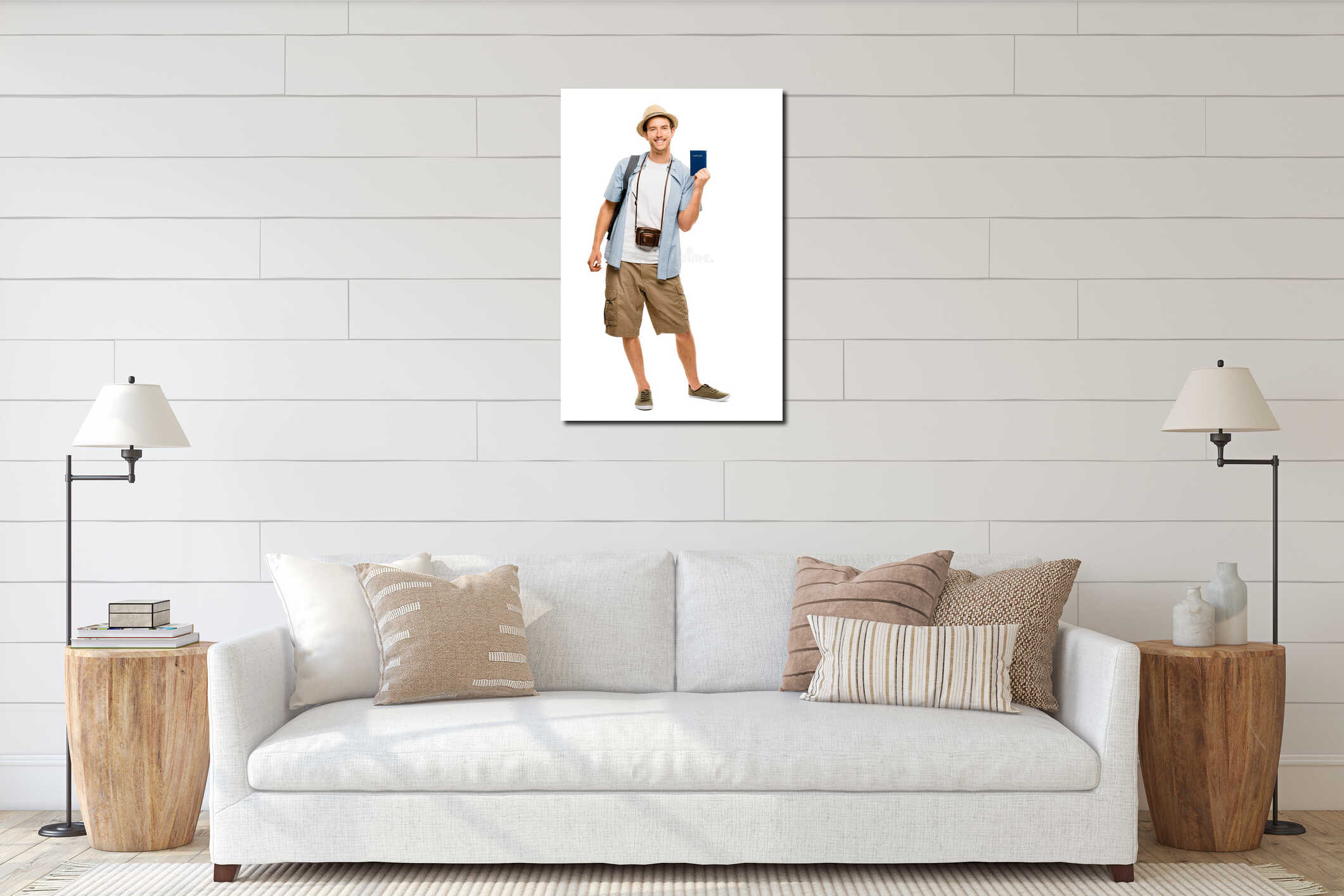 Happy young tourist travel passport isolated white background interior mockup