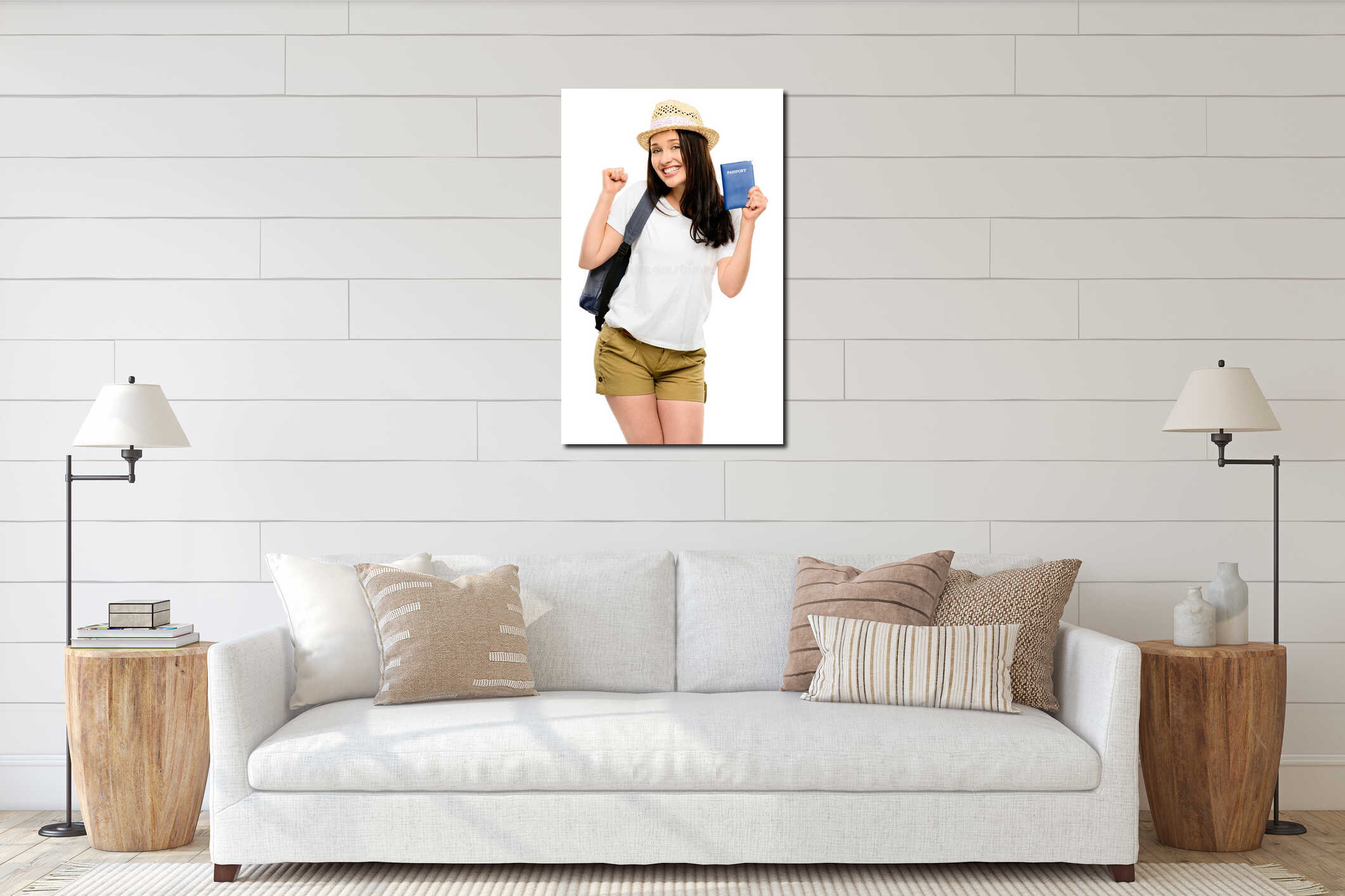 Happy young woman tourist isolated on white background interior mockup