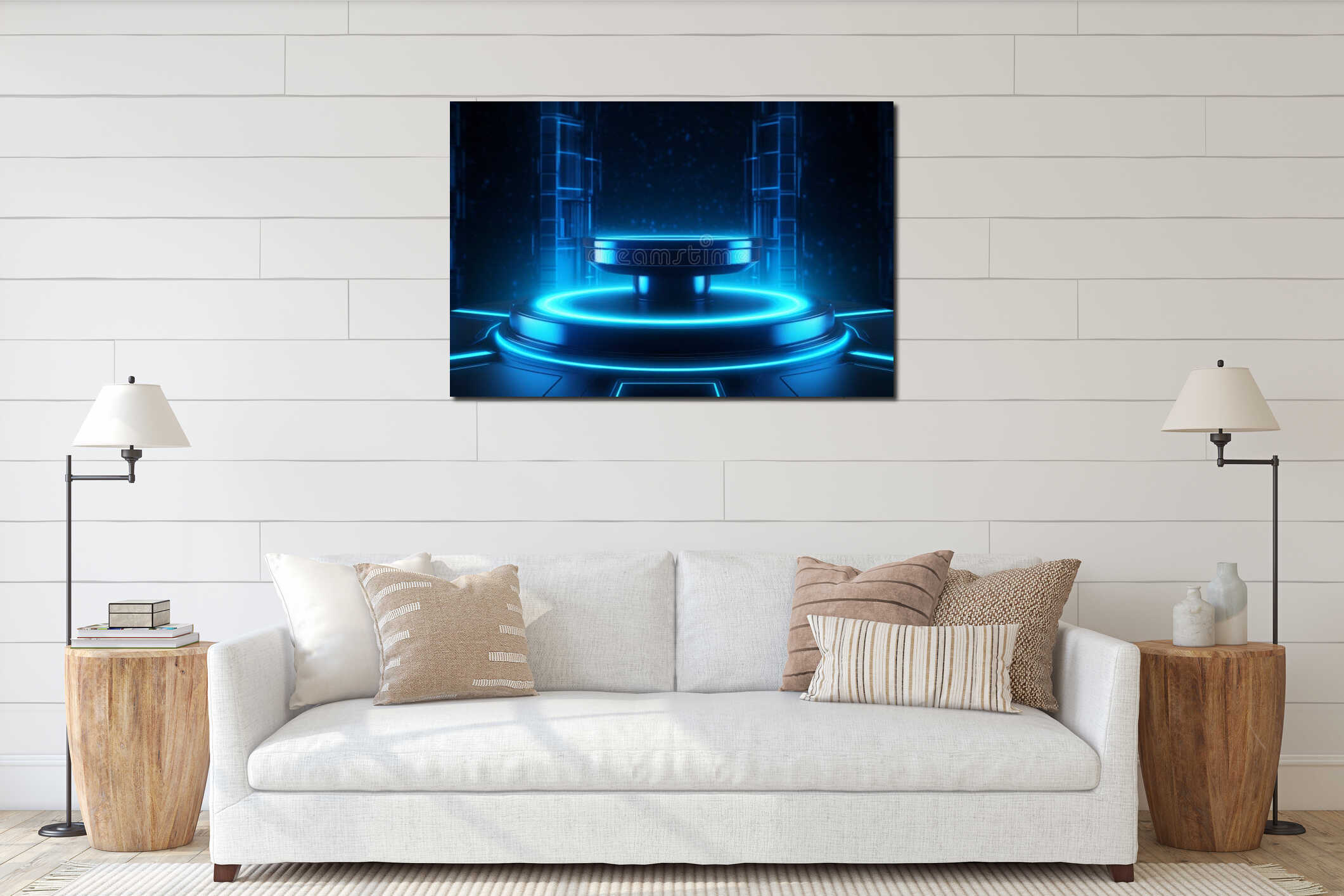 Futuristic podium for product display. Blue light. Generated AI interior mockup