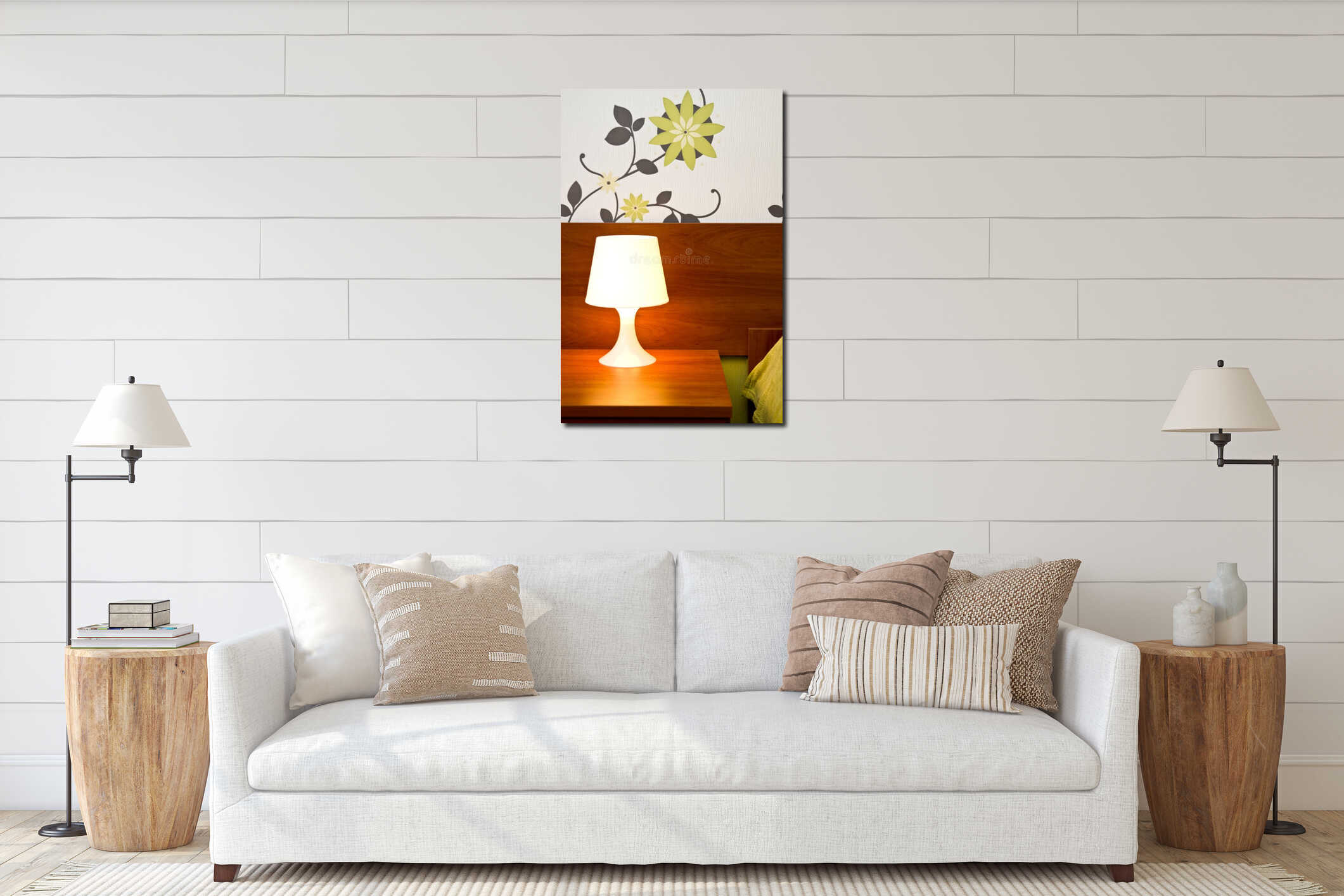 A lit bedside lamp interior mockup