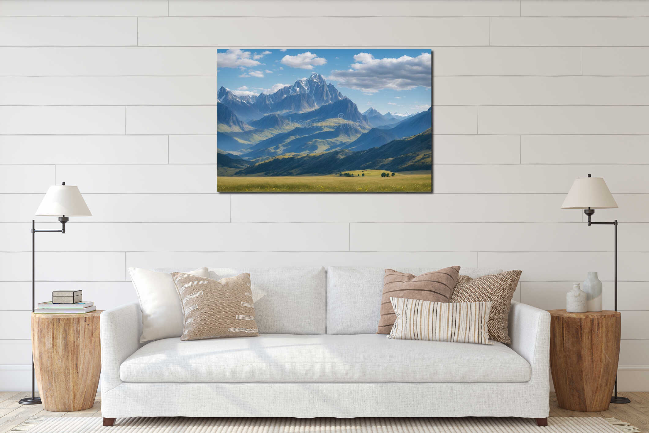 Stunning wallpaper with high mountains and scattered clouds under the blue skies. interior mockup