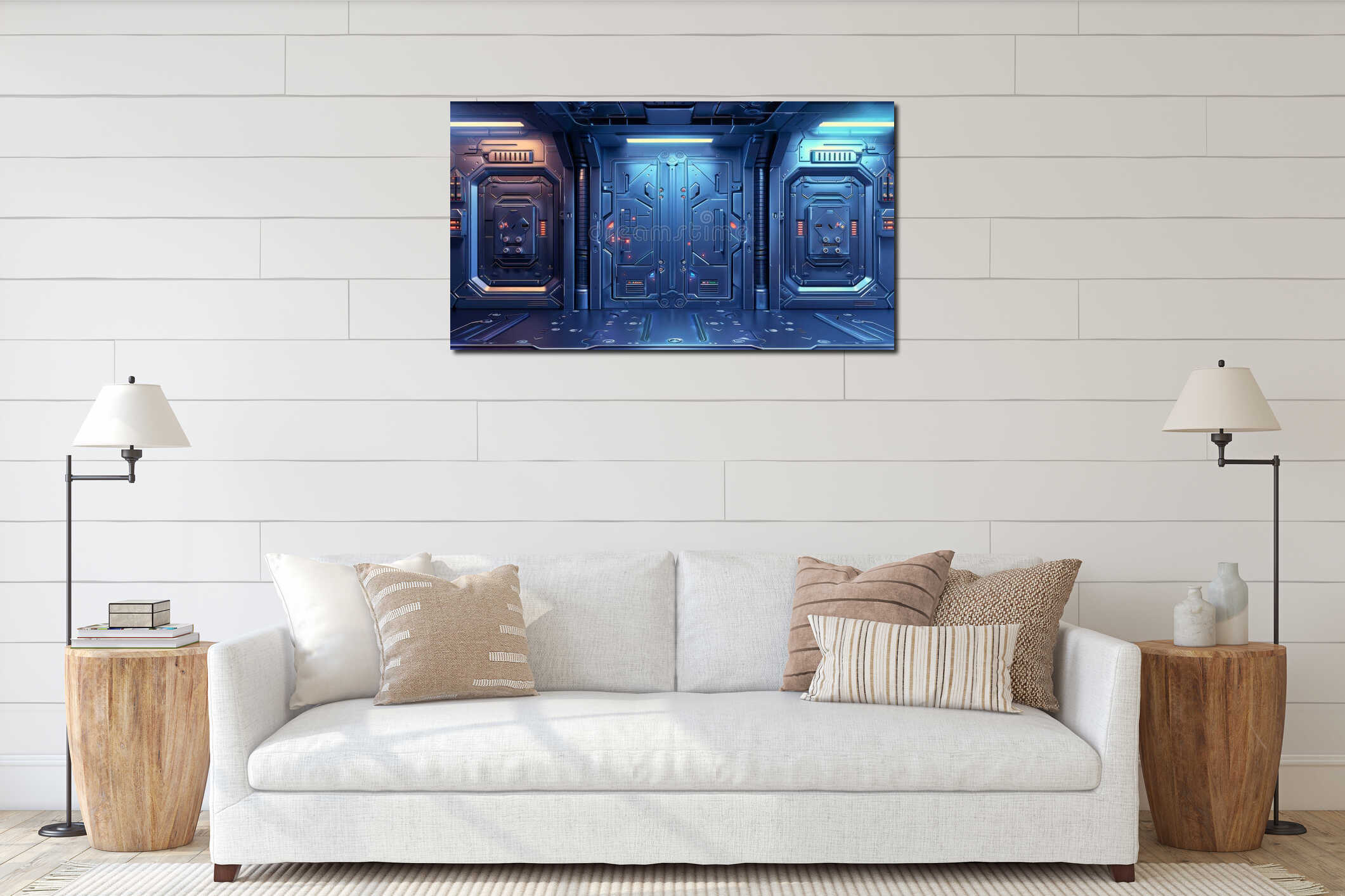 Modern realistic interior of an empty hallway in a space ship with an old scratched closed gate. Steel doors in a interior mockup