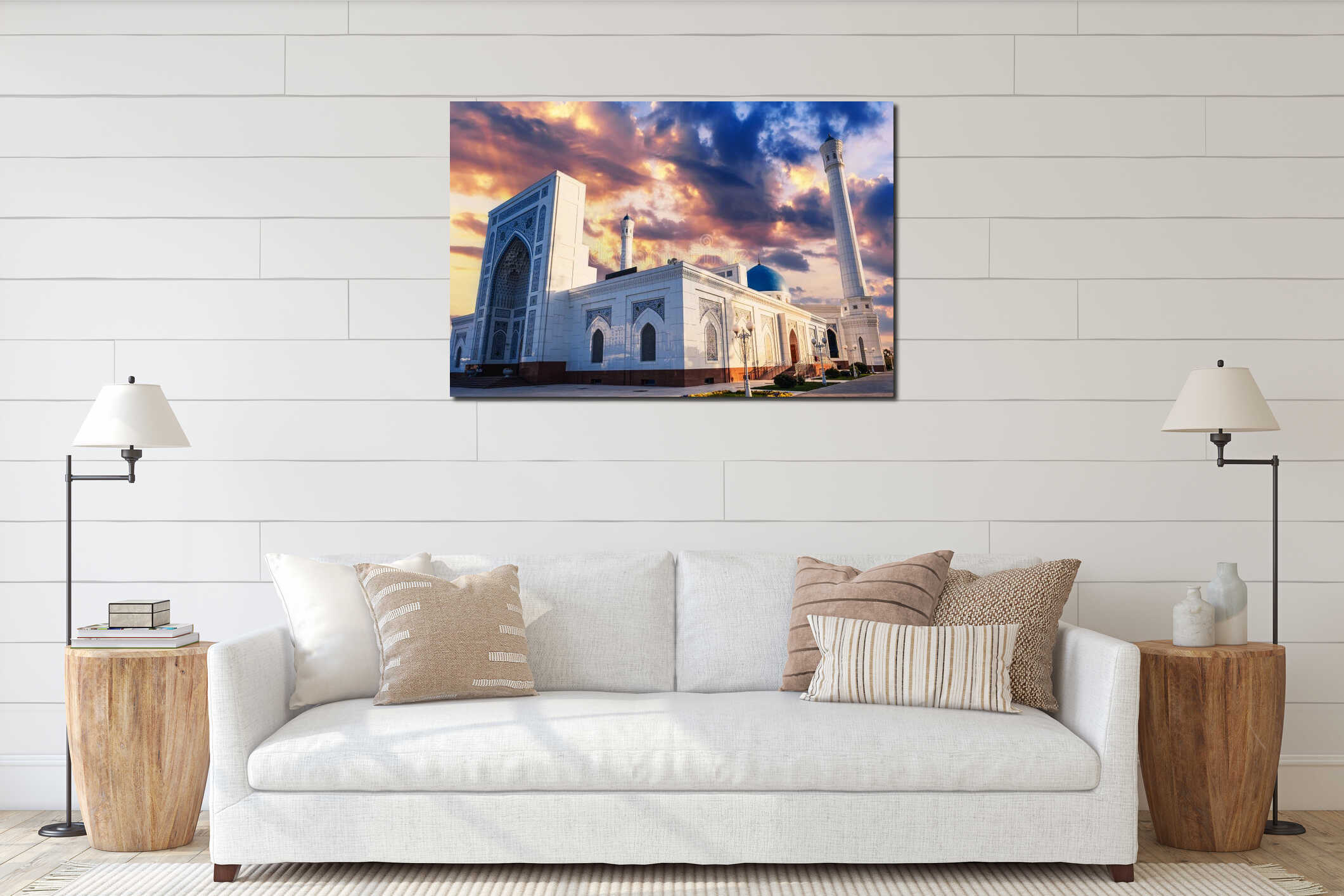 facade of modern white marble Islamic Masjid Minor Mosque in Tashkent in Uzbekistan on background of sunset sky in interior mockup