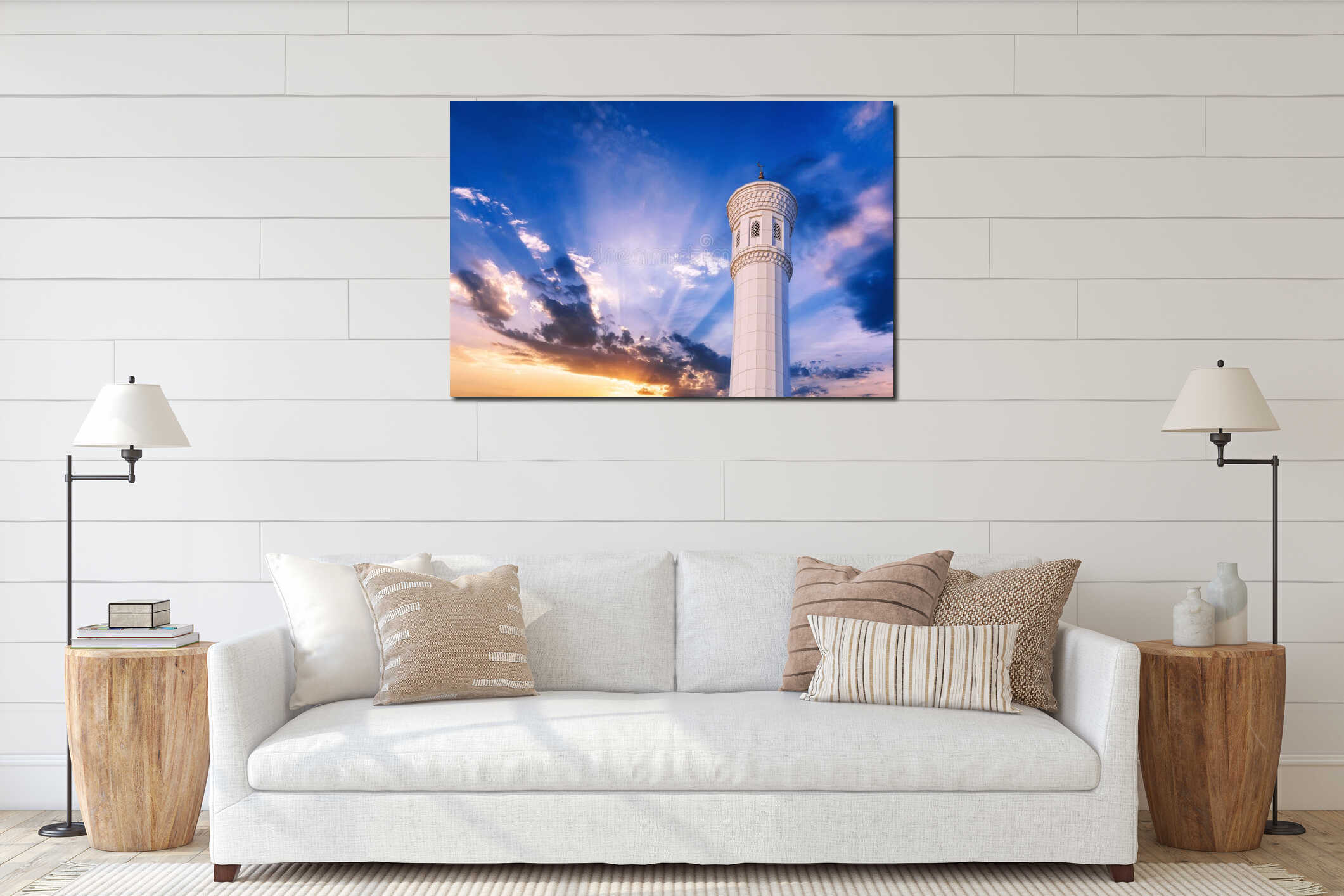 marble white minaret of new Minor Mosque in Tashkent in Uzbekistan on background of beautiful blue sunset sky interior mockup