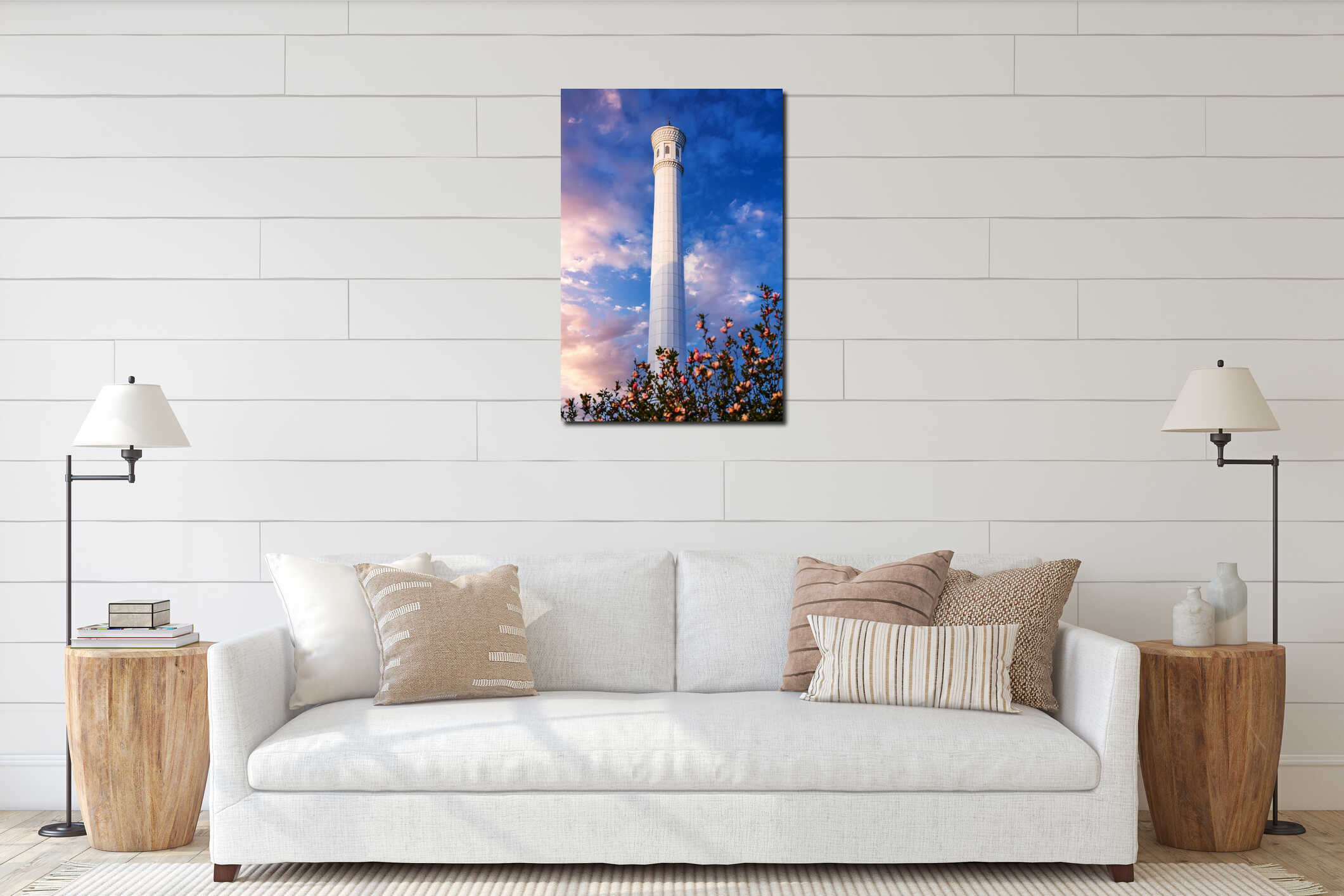 white minaret of modern marble new uzbek Masjid Minor Mosque in Tashkent on background of beautiful sky in spring interior mockup