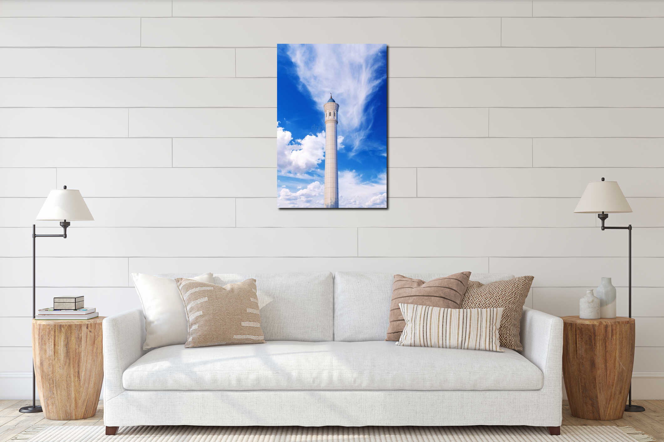 high white minaret of modern marble Islamic Masjid Minor Mosque in Tashkent in Uzbekistan on background of blue sky interior mockup