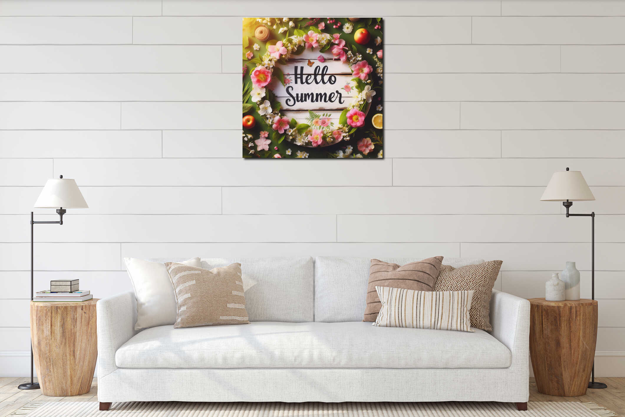 a cute picture with the inscription Hello summer with flowers and green leaves, a summer positive theme for fun and interior mockup