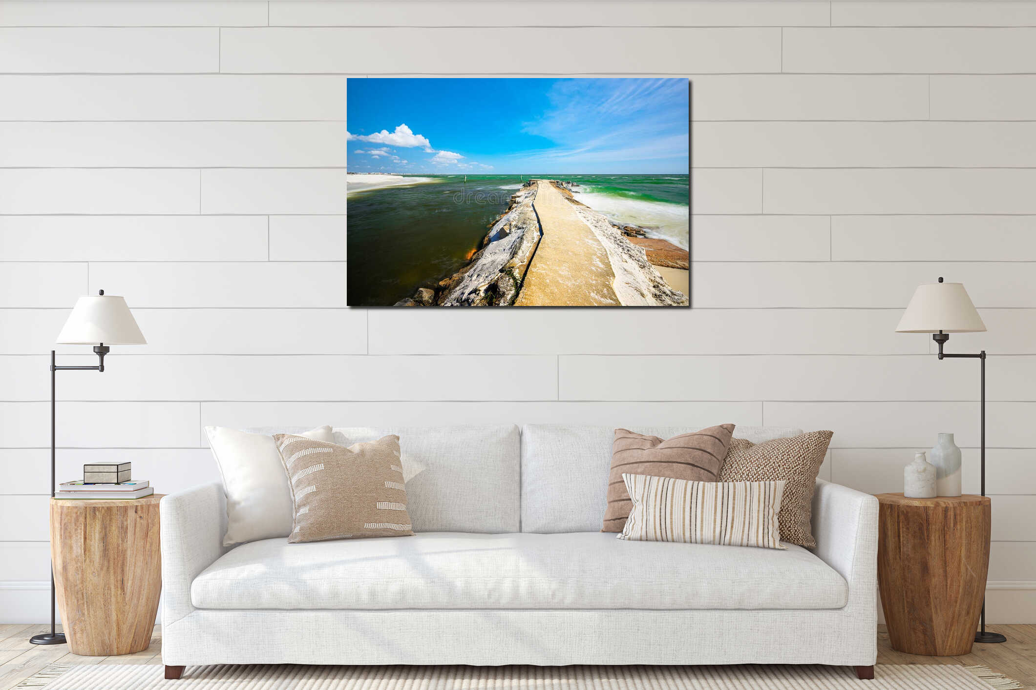 Mexico Beach, Florida USA rocky jettie emerald-blue waters white sandy beaches blue sky interior mockup