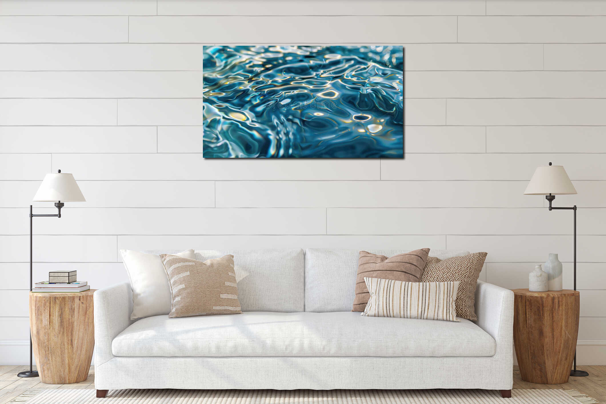 Calm ripple on water surface. River, lake, pond, sea pure blue water. AI Generative interior mockup