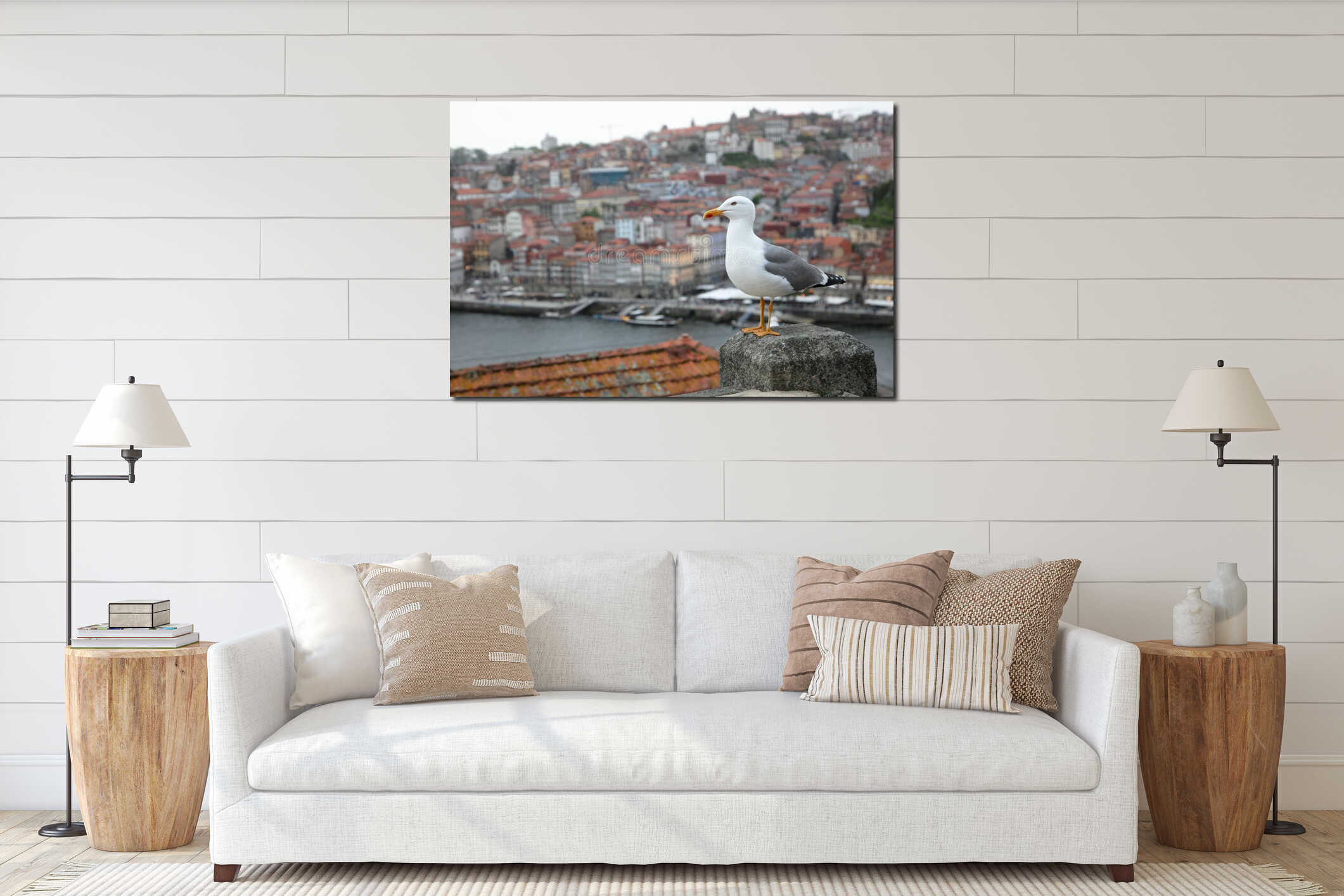 Porto travel destination view of seagull standing still in city landscape of Oporto- Portugal interior mockup