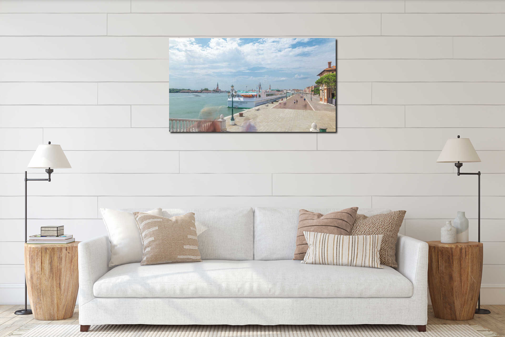 View of the promenade Riva degli Schiavoni timelapse with tourists in San Marco of Venice in Italy. interior mockup