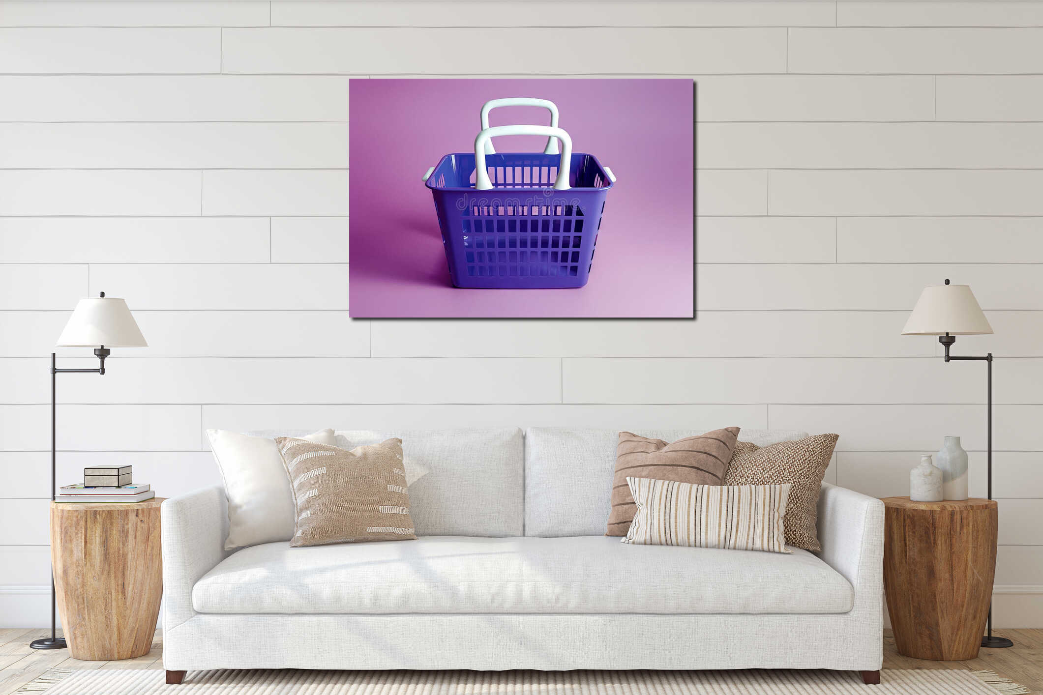 A purple shopping basket with white handles interior mockup