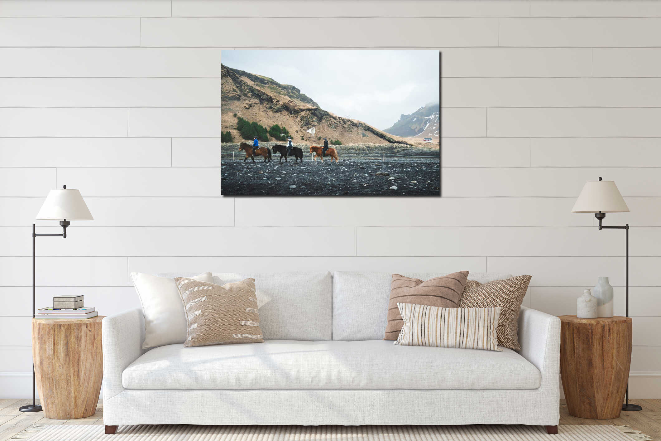 Vik, Iceland - 15th march, 2023: Horse Riding Tour in Reynisdrangar beach, Vik interior mockup
