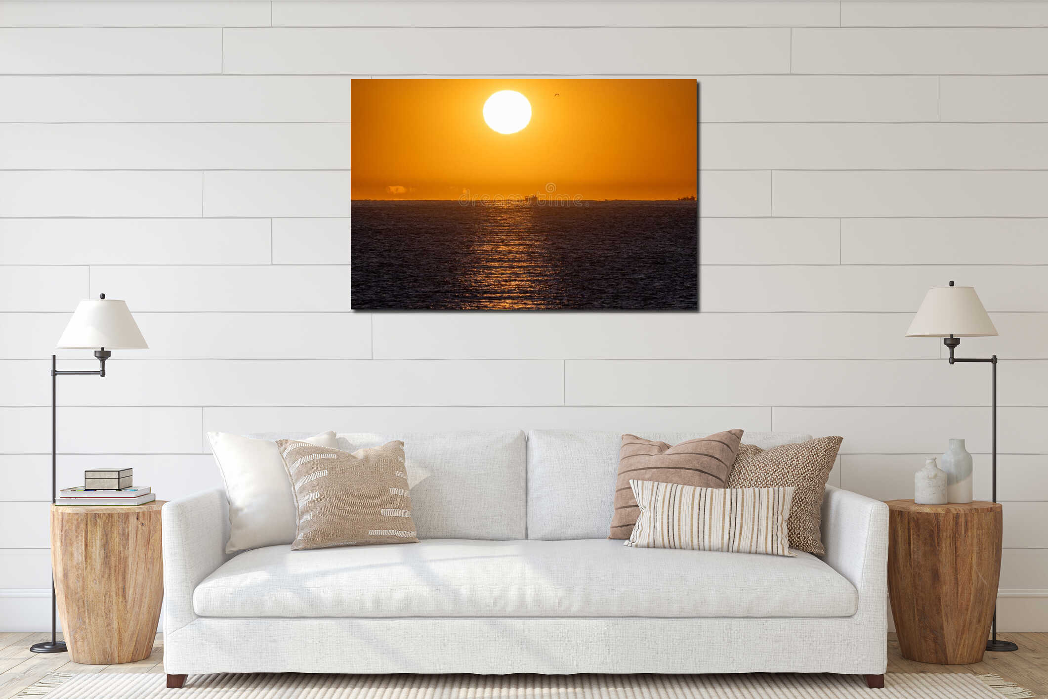 Bright yellow sunrise sun illuminating flying seagulls and a fishing boat sailing along the horizon line of the Mediterranean Sea interior mockup