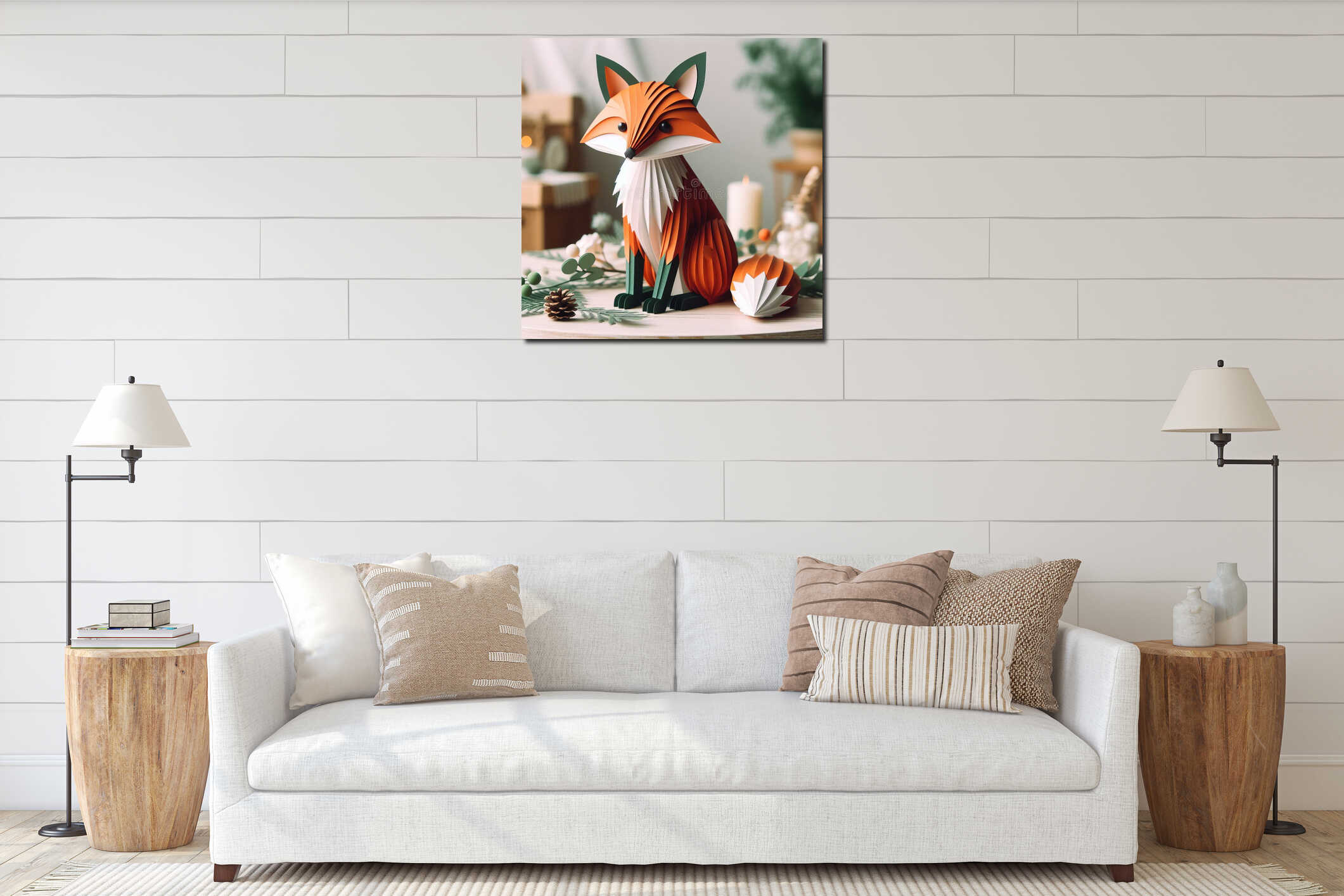 Captivating photo featuring a whimsical low poly paper fox on a table. interior mockup