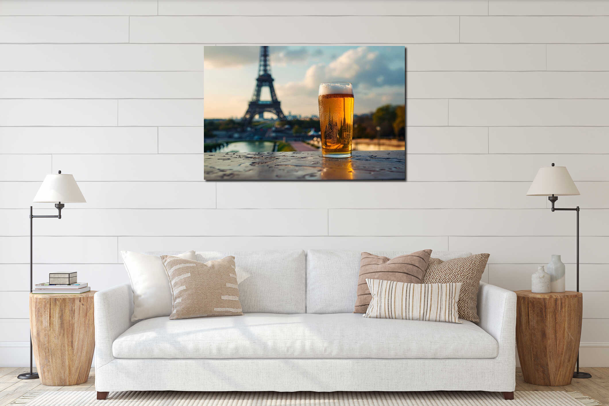 shot of a glass of beer against the background of the Eiffel Tower, empty space interior mockup