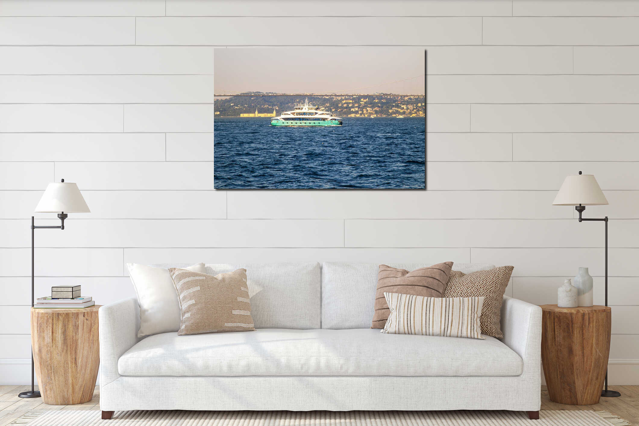 Floating ferry ships on the bosphorus straits, bosphorus bridge and cityscape interior mockup