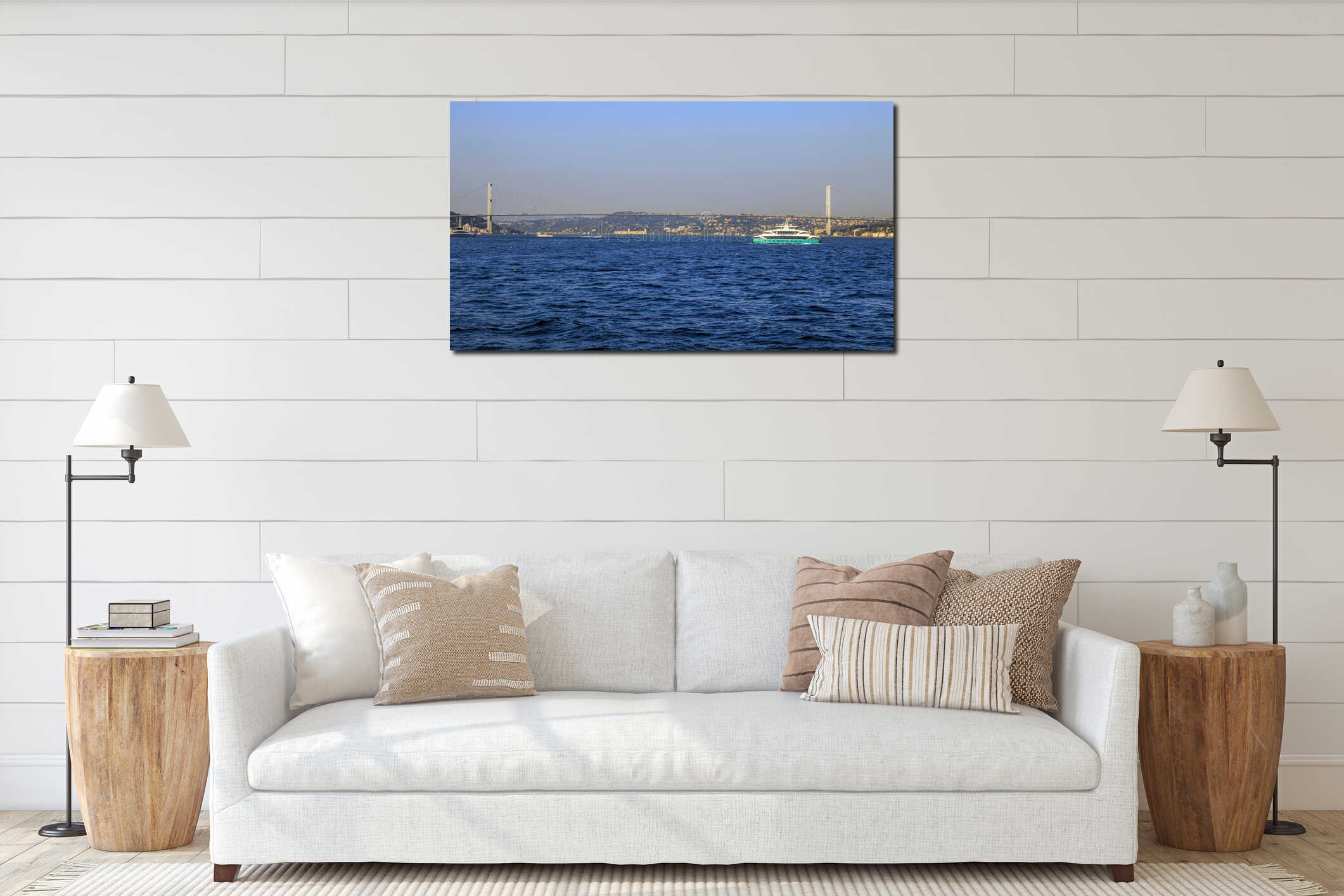 Floating ferry ships on the bosphorus straits, bosphorus bridge and cityscape interior mockup