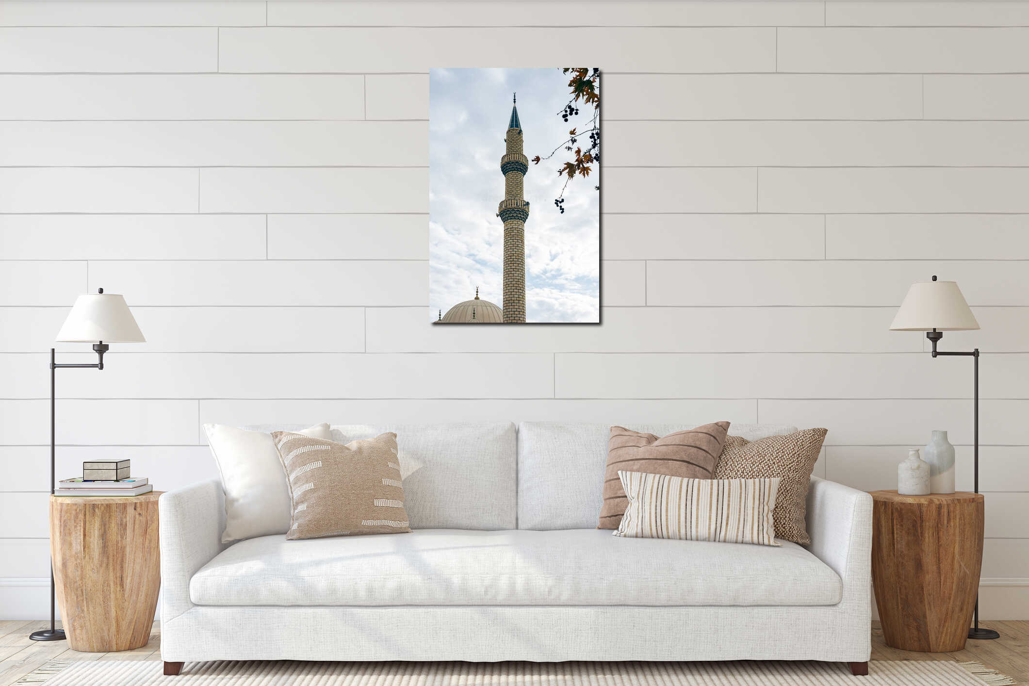 Elegant mosque minaret against a clear sky interior mockup